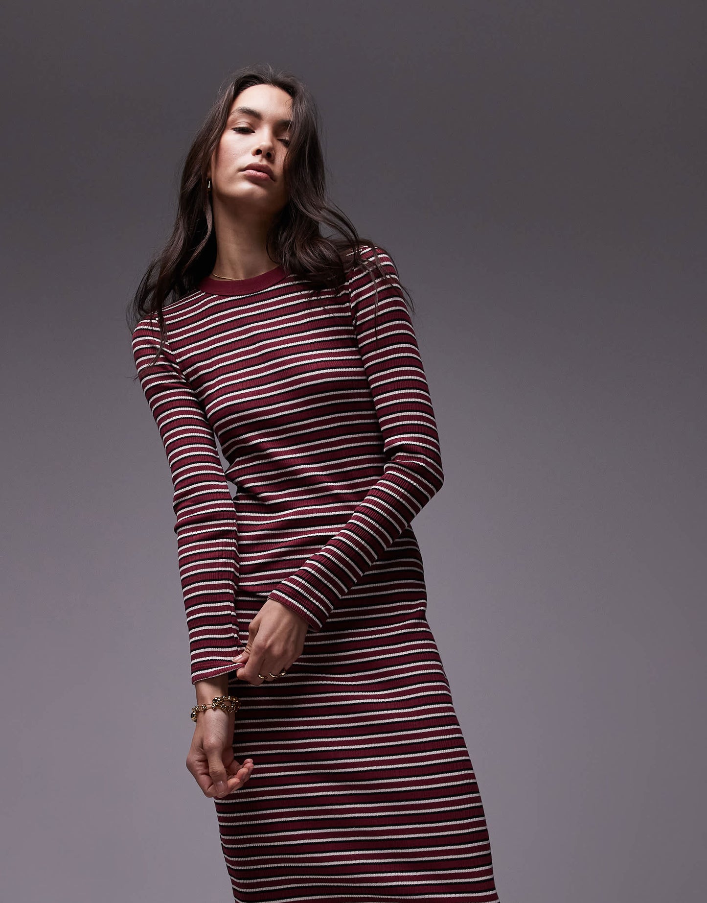 Topshop stripe long sleeve maxi dress in burgundy
