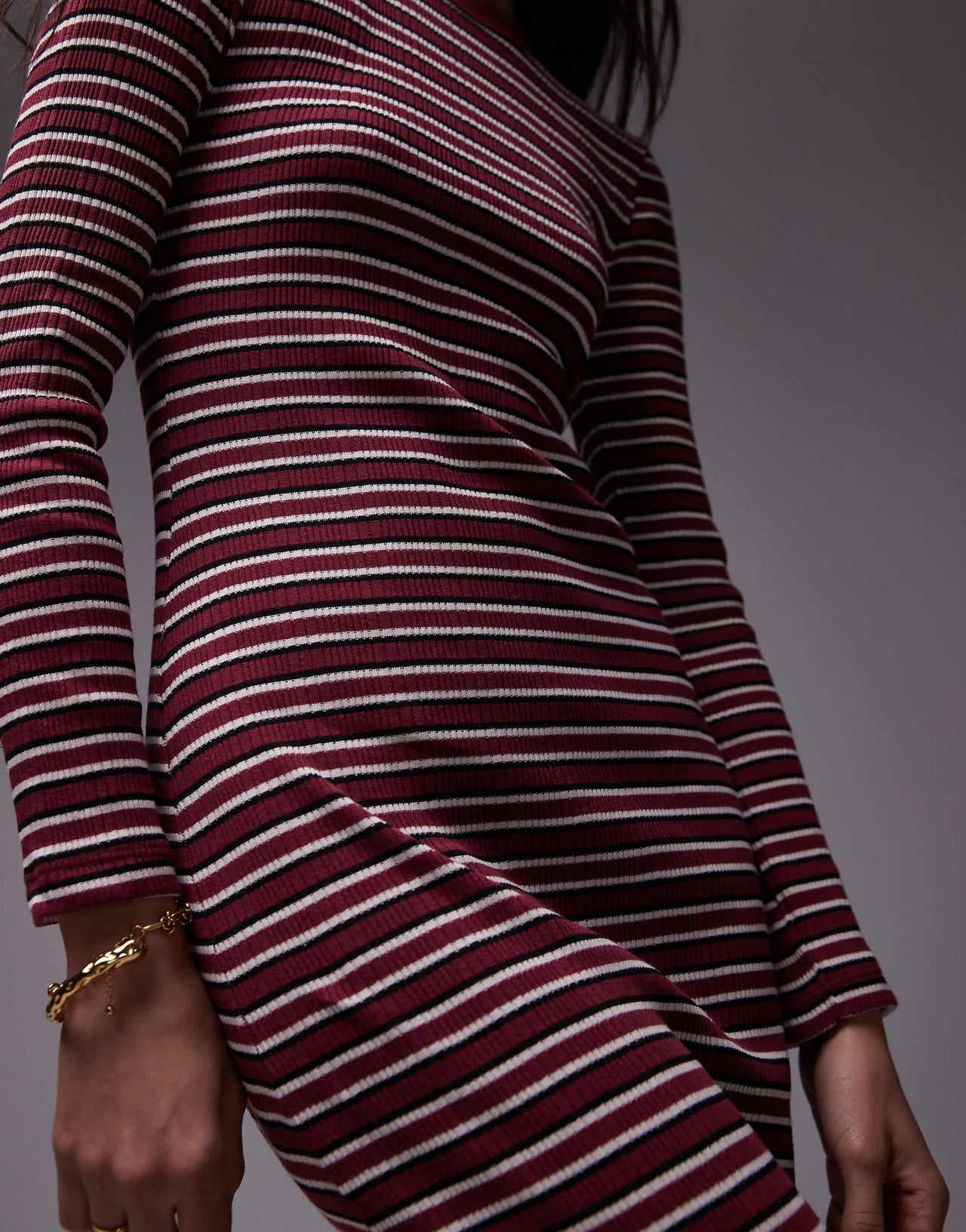 Topshop stripe long sleeve maxi dress in burgundy