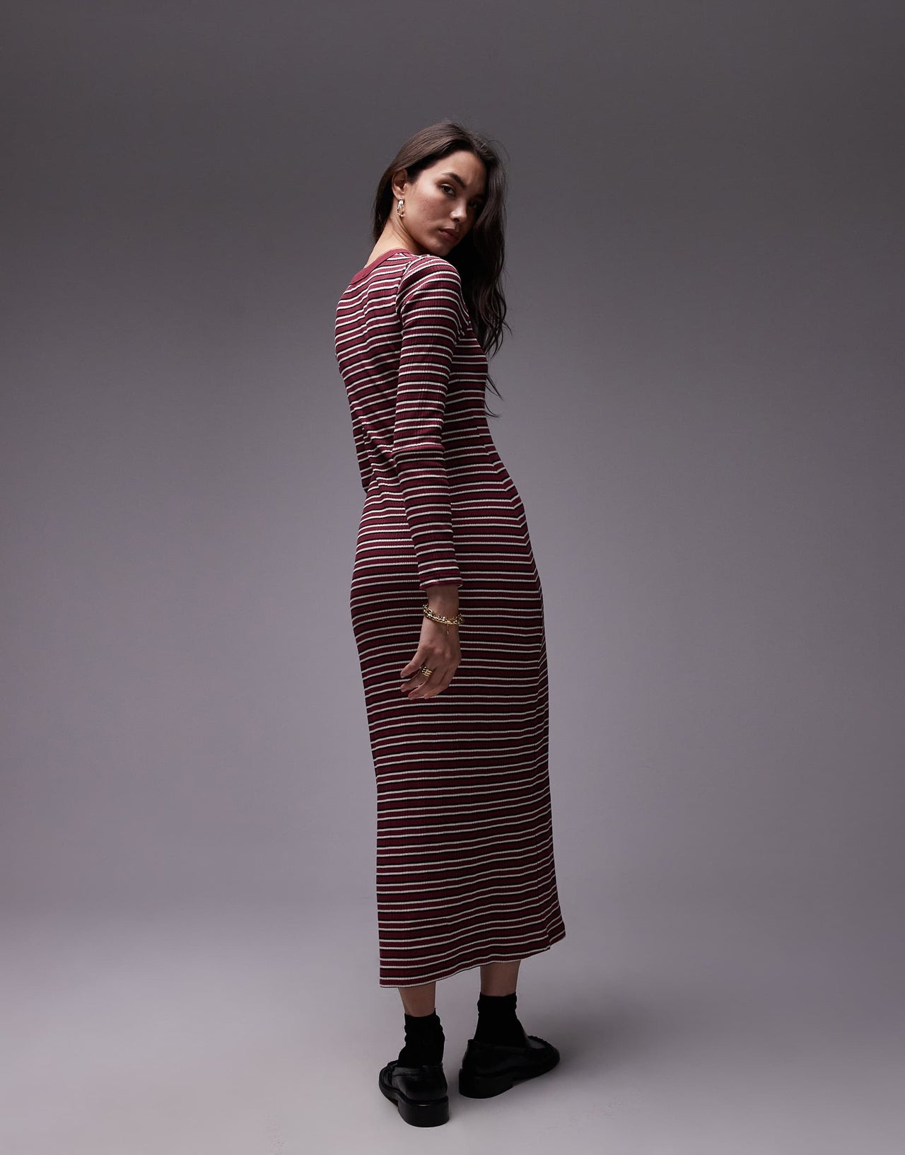 Topshop stripe long sleeve maxi dress in burgundy