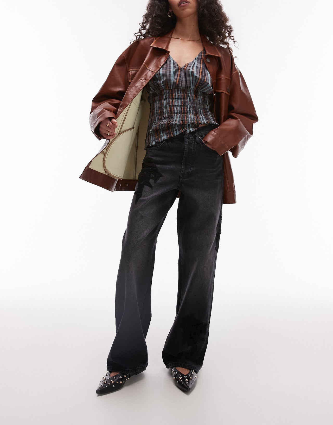 Topshop mid rise loose fit straight jean with lace detail in black