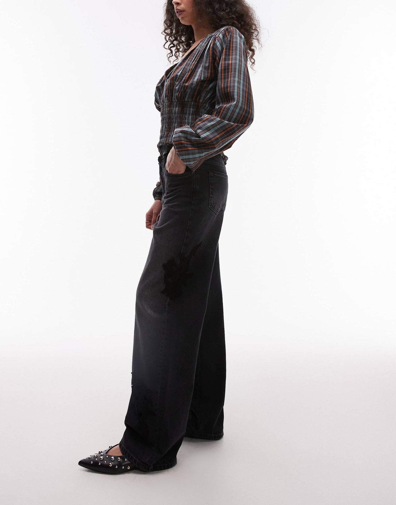 Topshop mid rise loose fit straight jean with lace detail in black