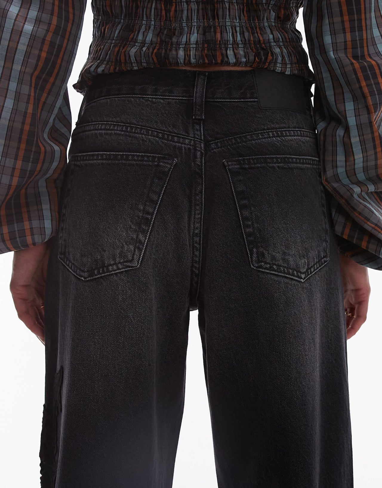 Topshop mid rise loose fit straight jean with lace detail in black