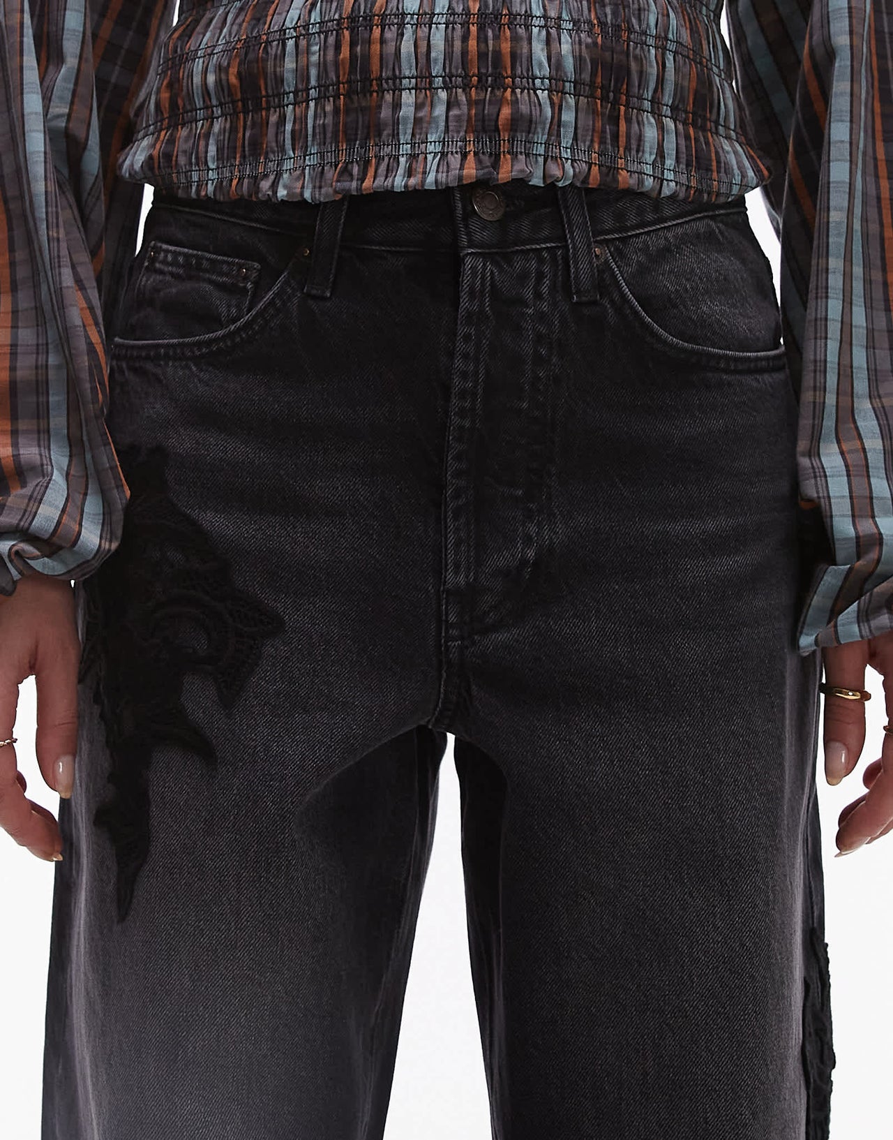 Topshop mid rise loose fit straight jean with lace detail in black