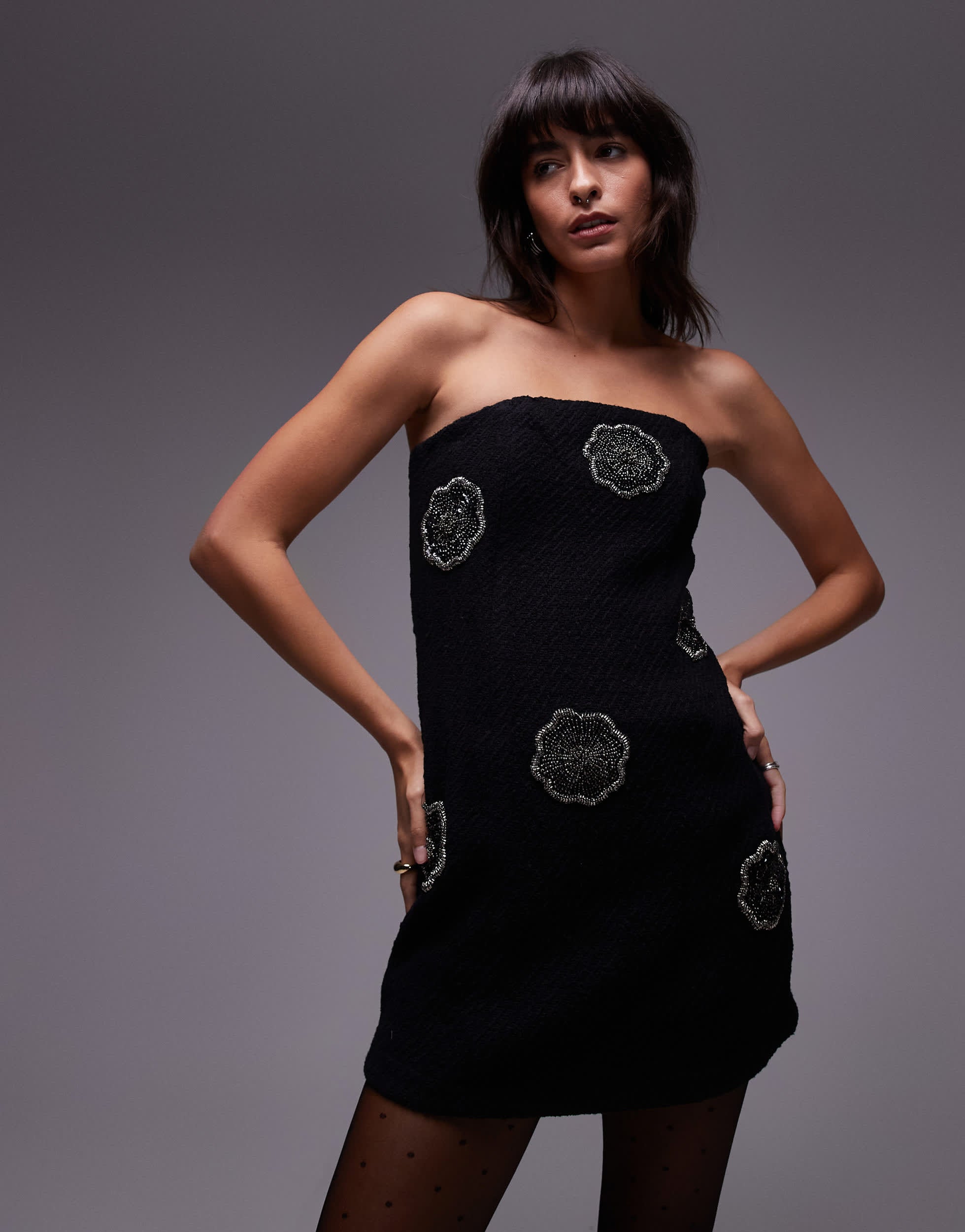 & Other Stories bandeau mini dress in black with embellished flowers