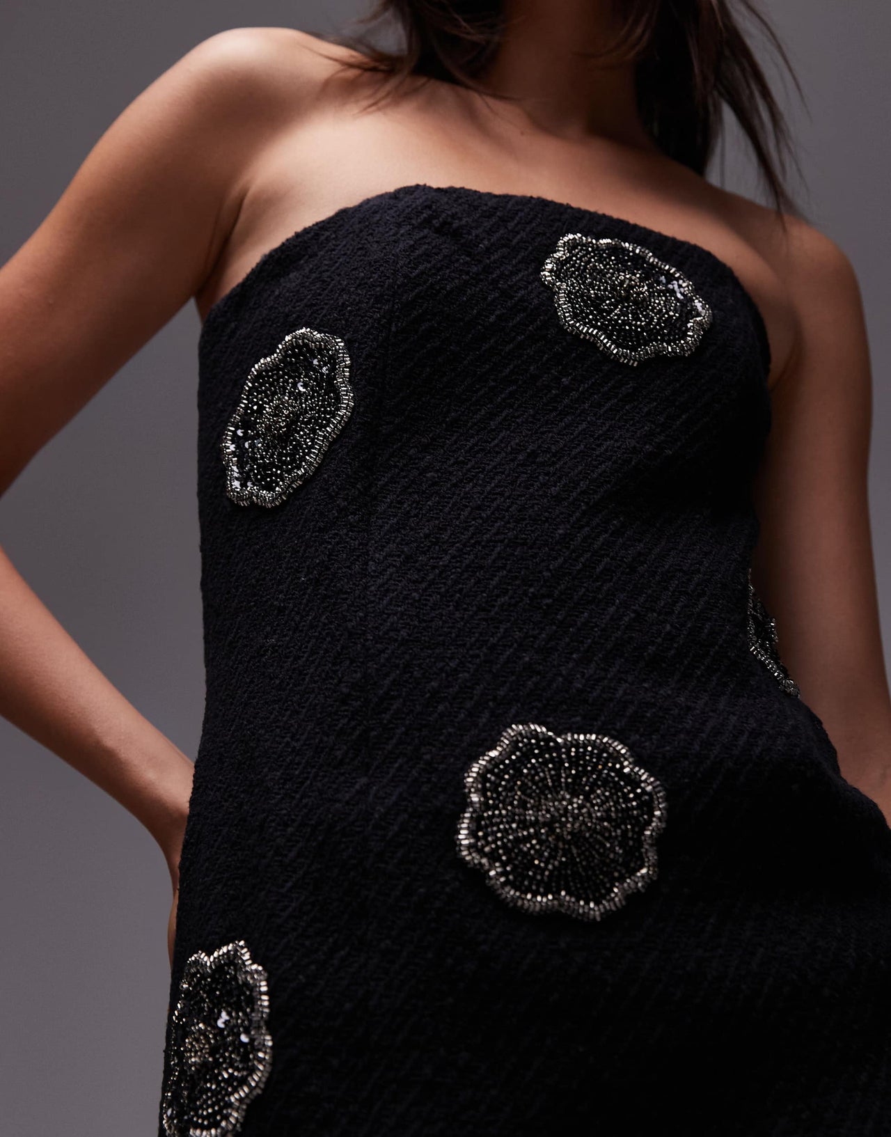 & Other Stories bandeau mini dress in black with embellished flowers