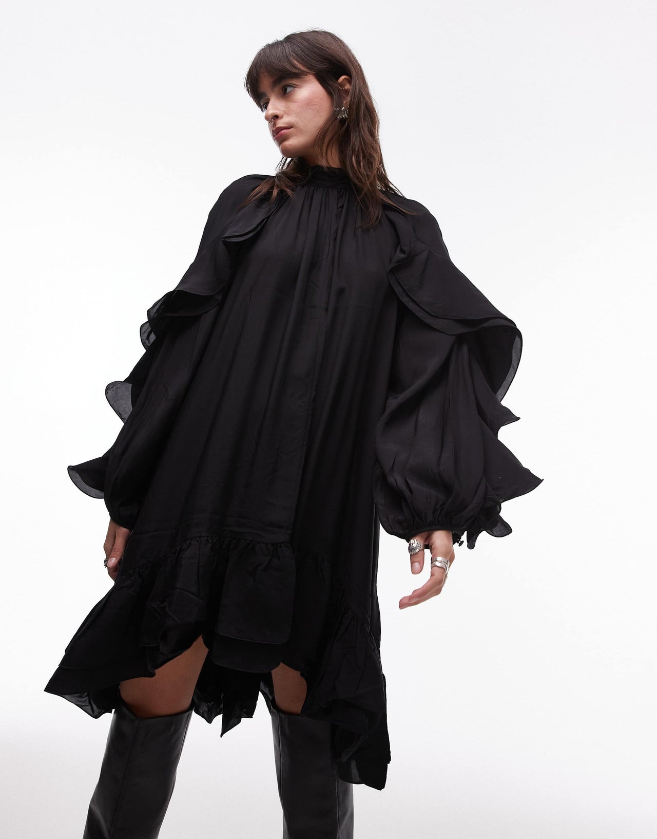 & Other Stories long sleeve floaty midi dress with ruffle detail in black