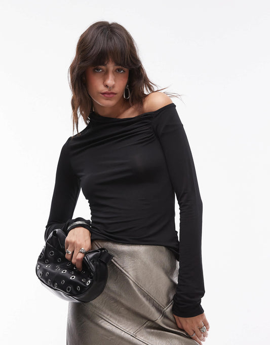 & Other Stories jersey ruched one shoulder top with long sleeves in black
