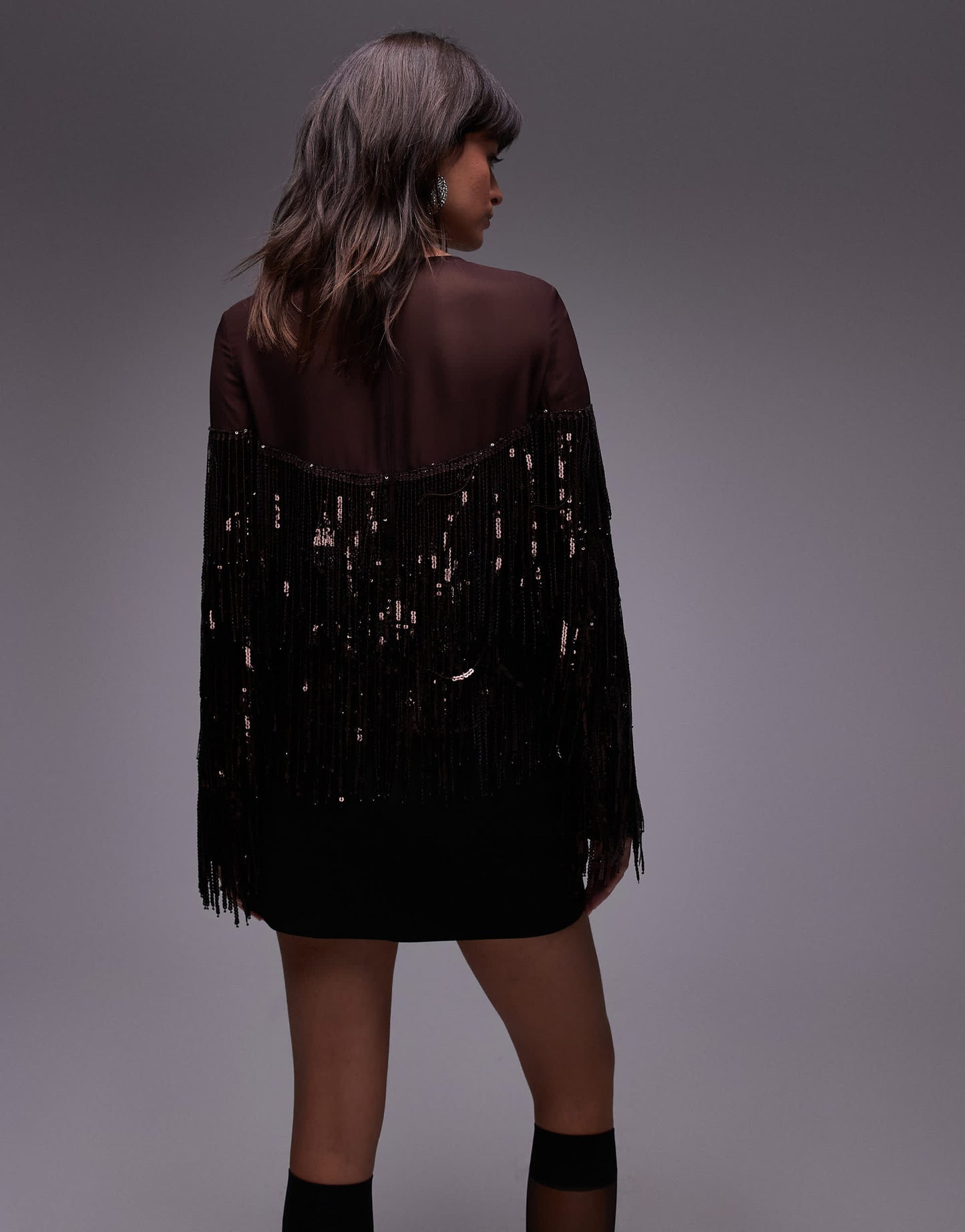 & Other Stories co-ord tassel fringe sequins top with sheer panels in wine