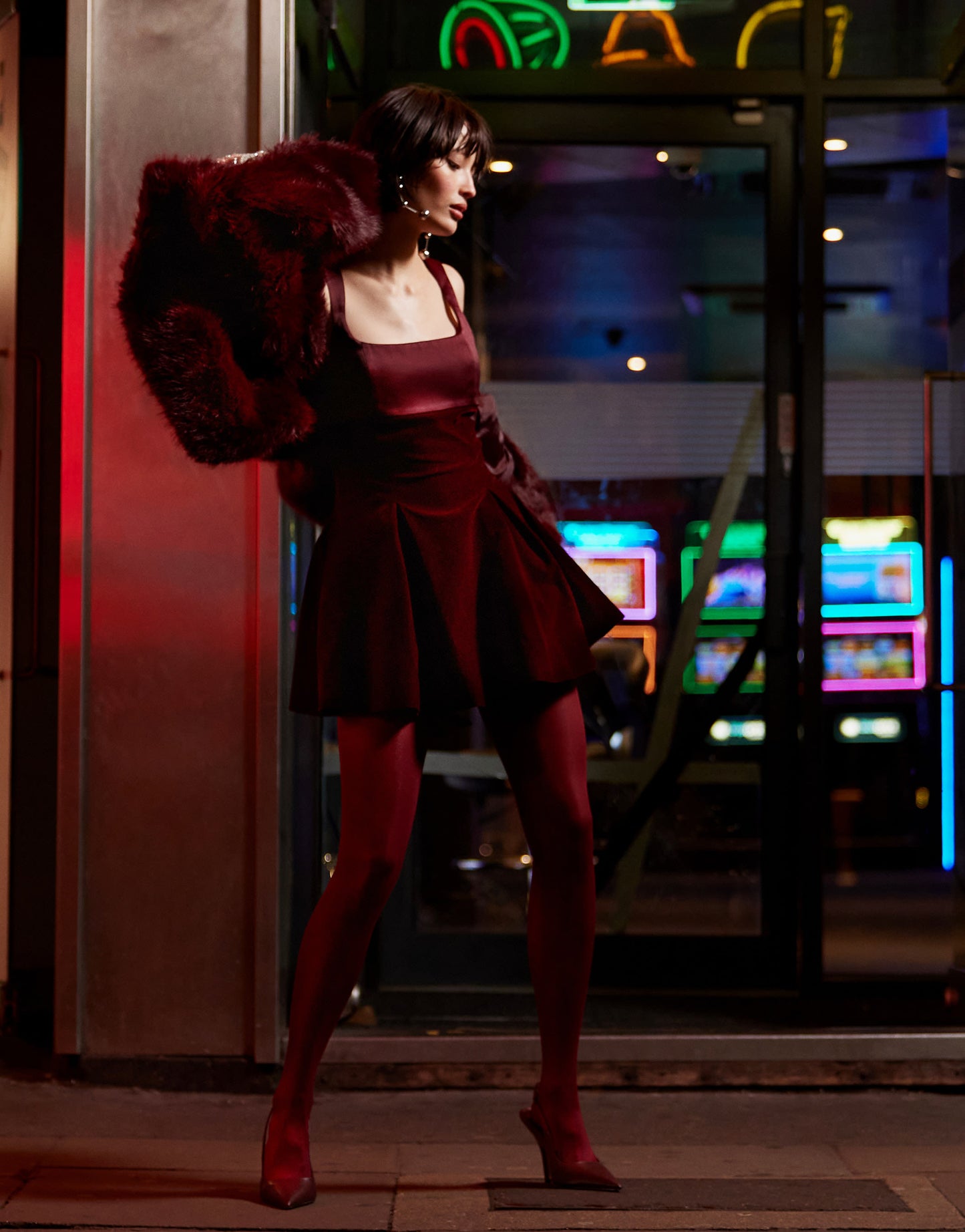 Murci exclusive velvet square neck flippy hem mini dress in burgundy