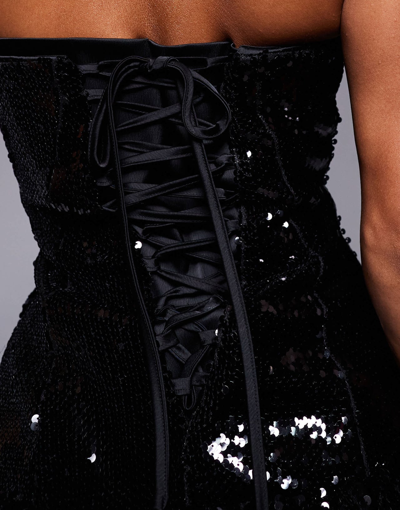 Murci exclusive sequin lace up bandeau drop waist puffball mini dress in black