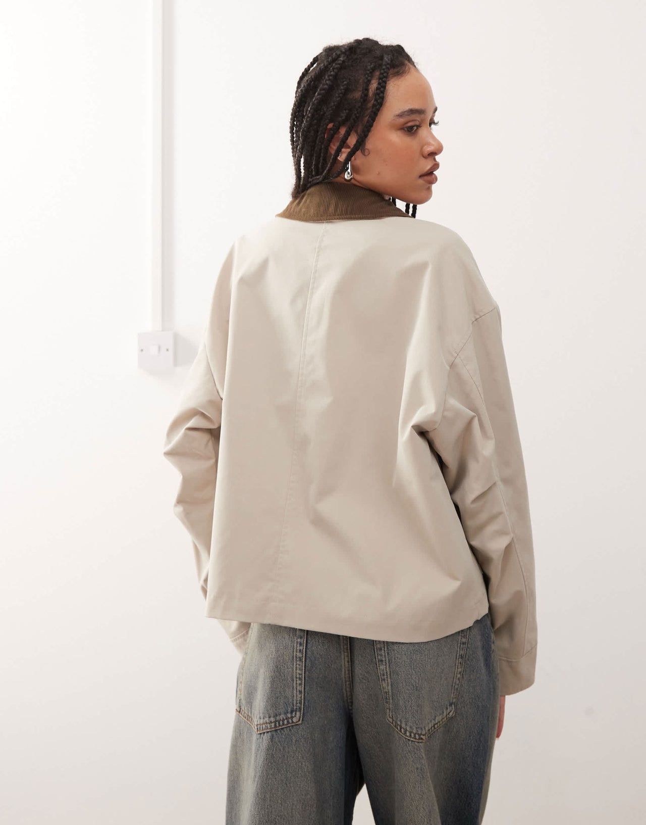 Noisy May contrast collar lightweight barn jacket in stone