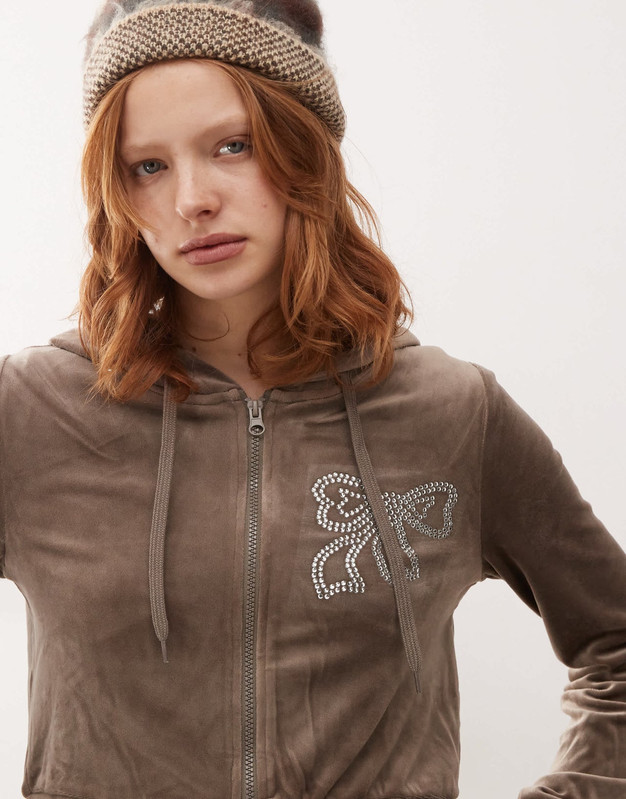 Noisy May zip through cropped velour hoodie co-ord in mink