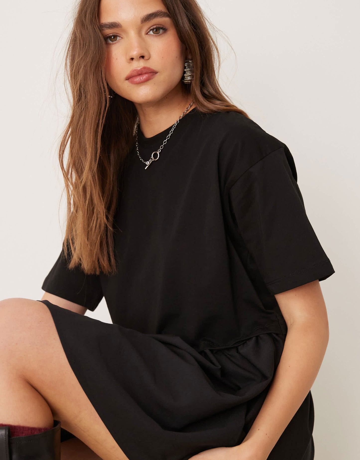 Miss Selfridge short sleeve t-shirt poplin hybrid smock mini dress in black