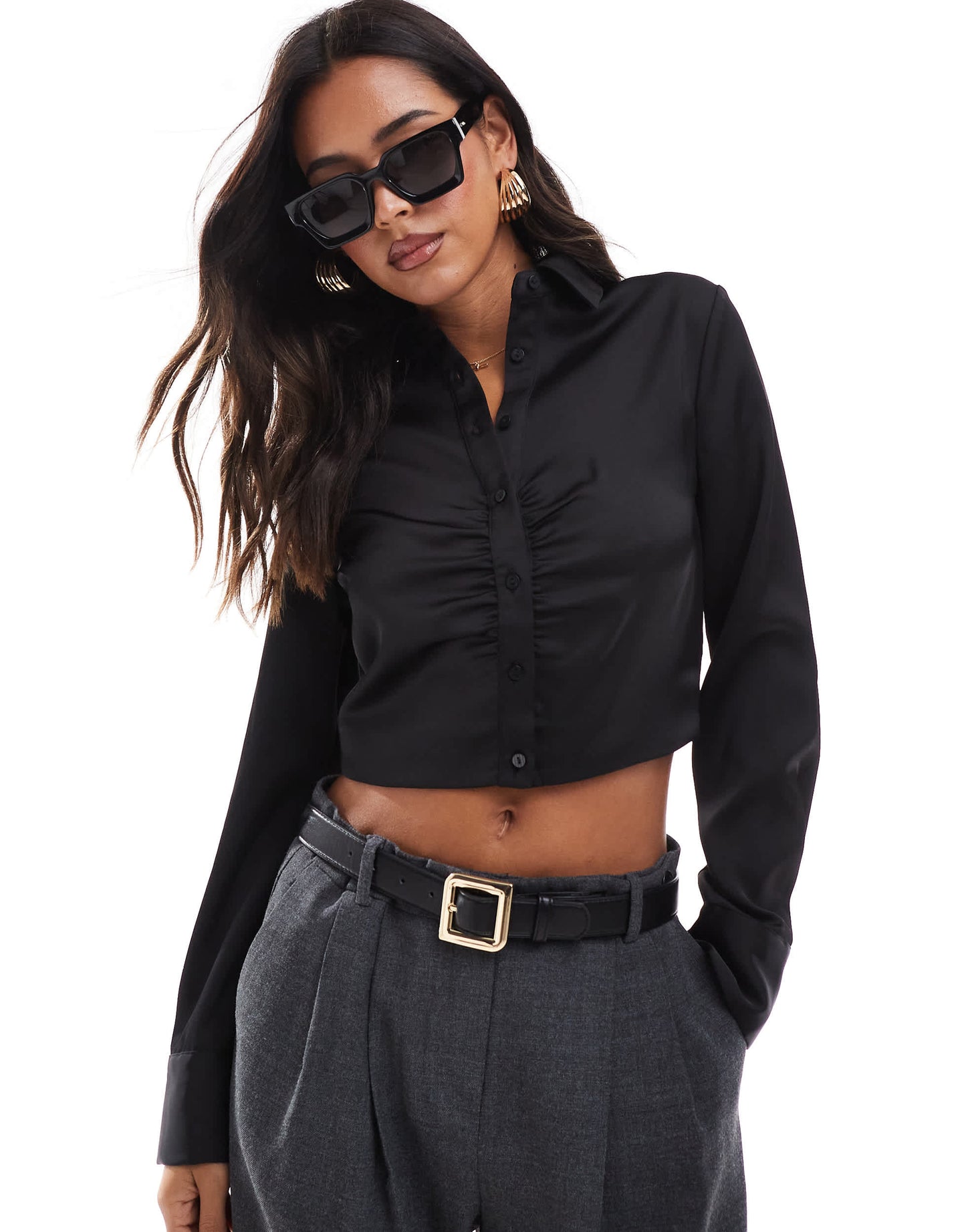 Stradivarius ruched detail cropped shirt in black