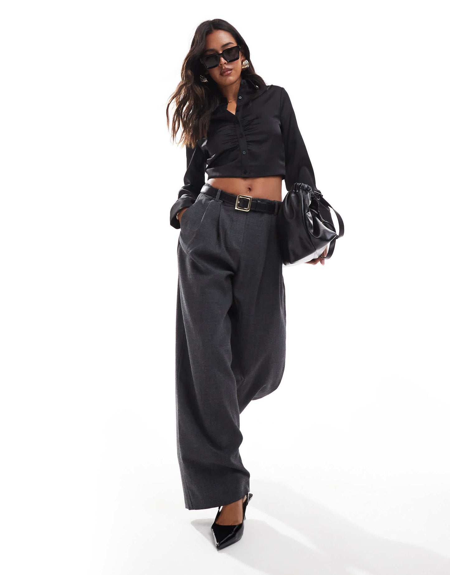 Stradivarius ruched detail cropped shirt in black