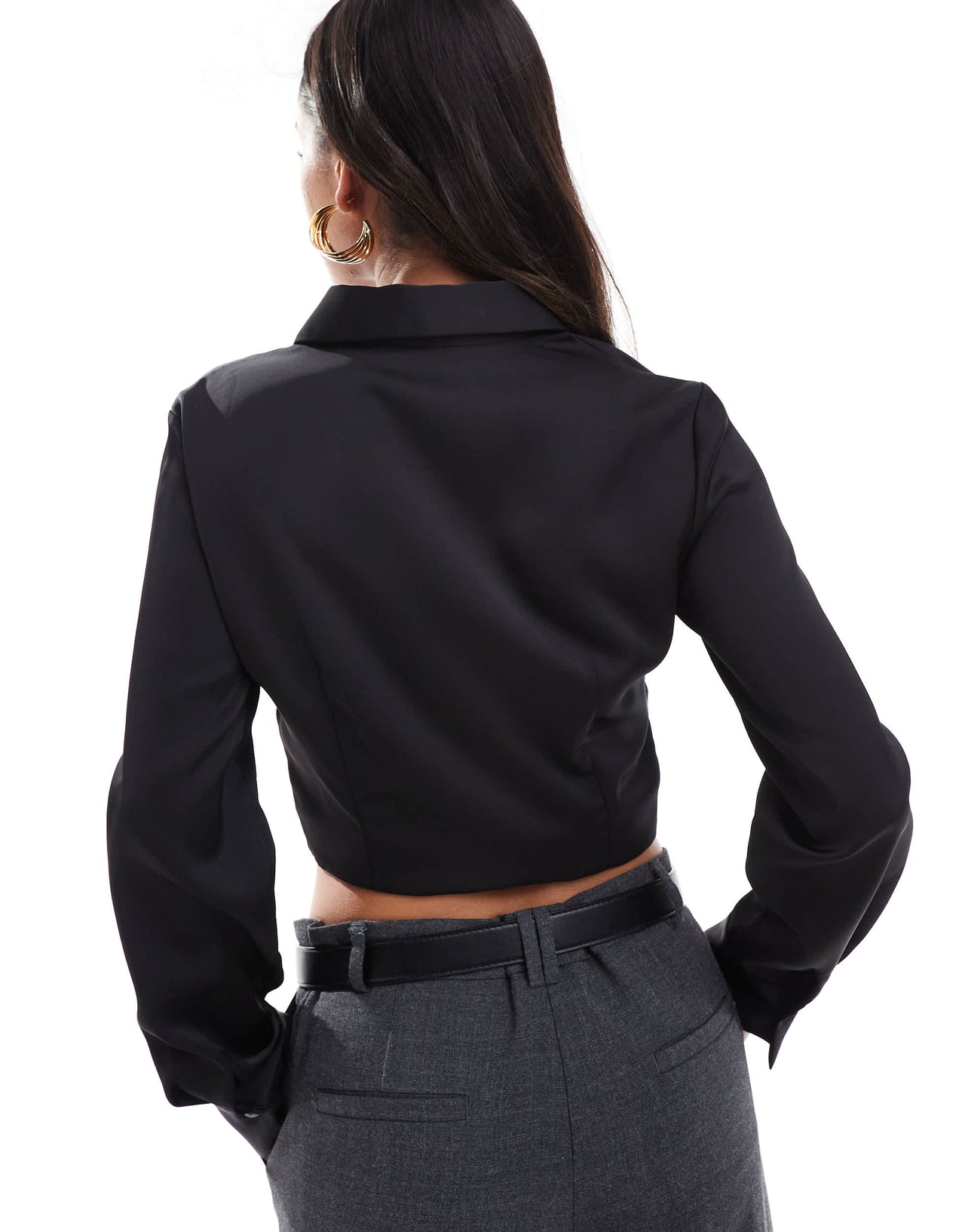 Stradivarius ruched detail cropped shirt in black