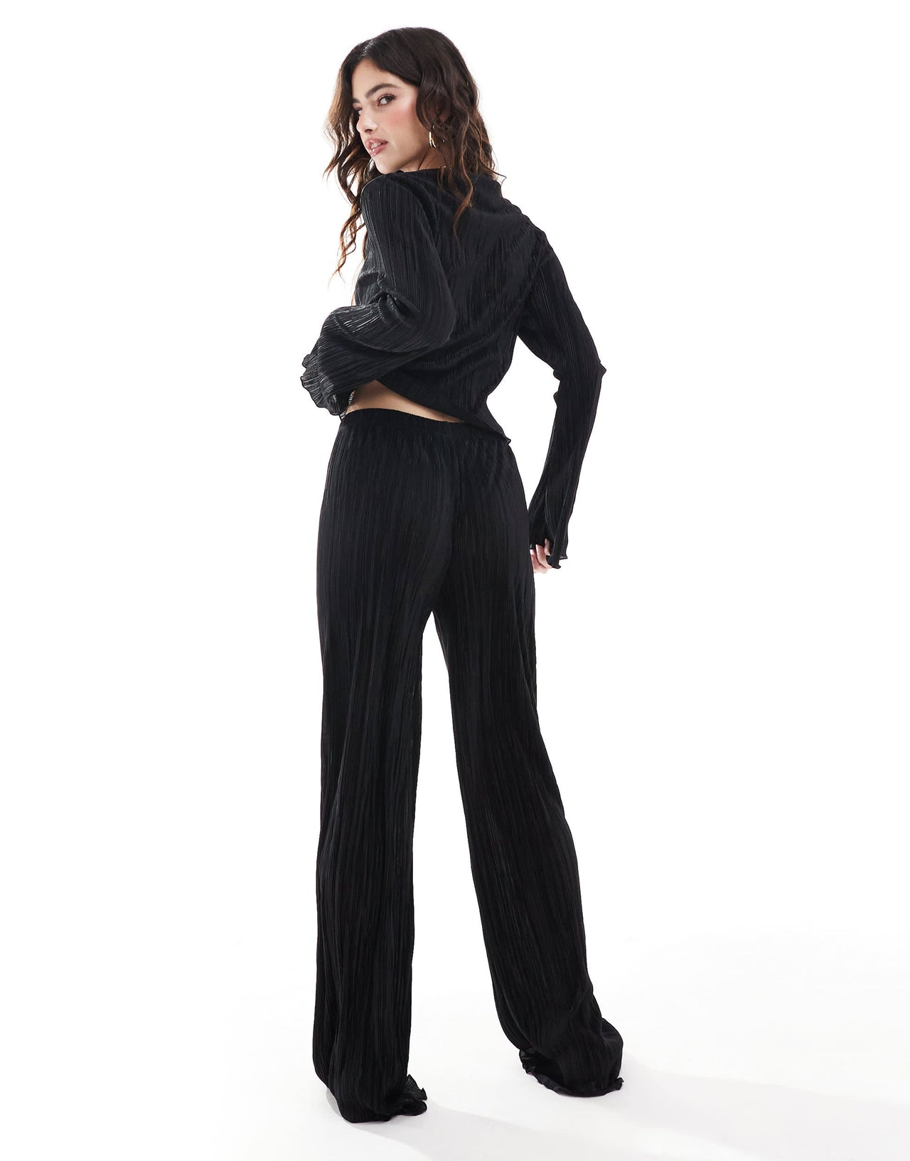 ASOS DESIGN plisse trouser with fluted hem co ord in black