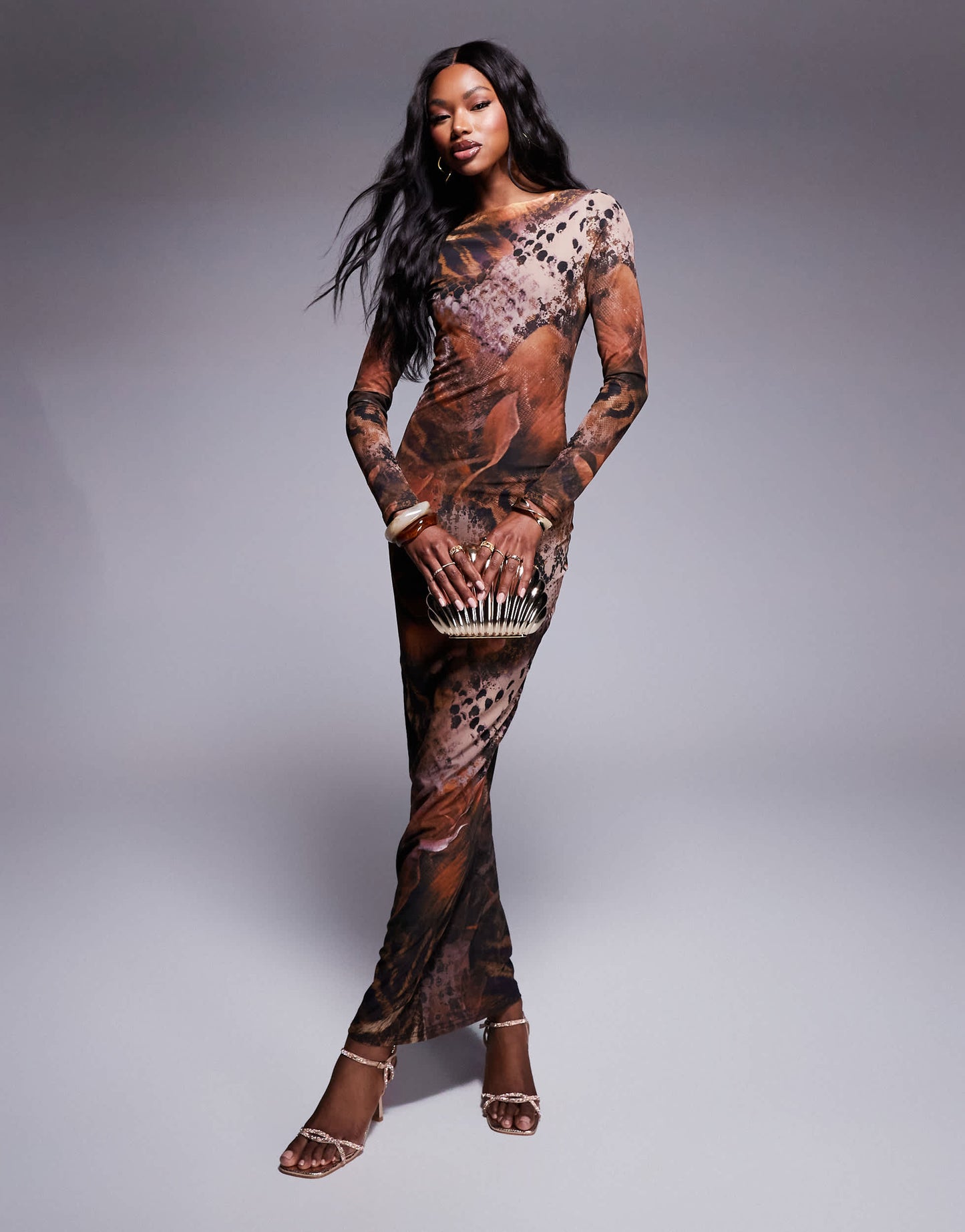Murci mesh long sleeve maxi dress in brown snake print