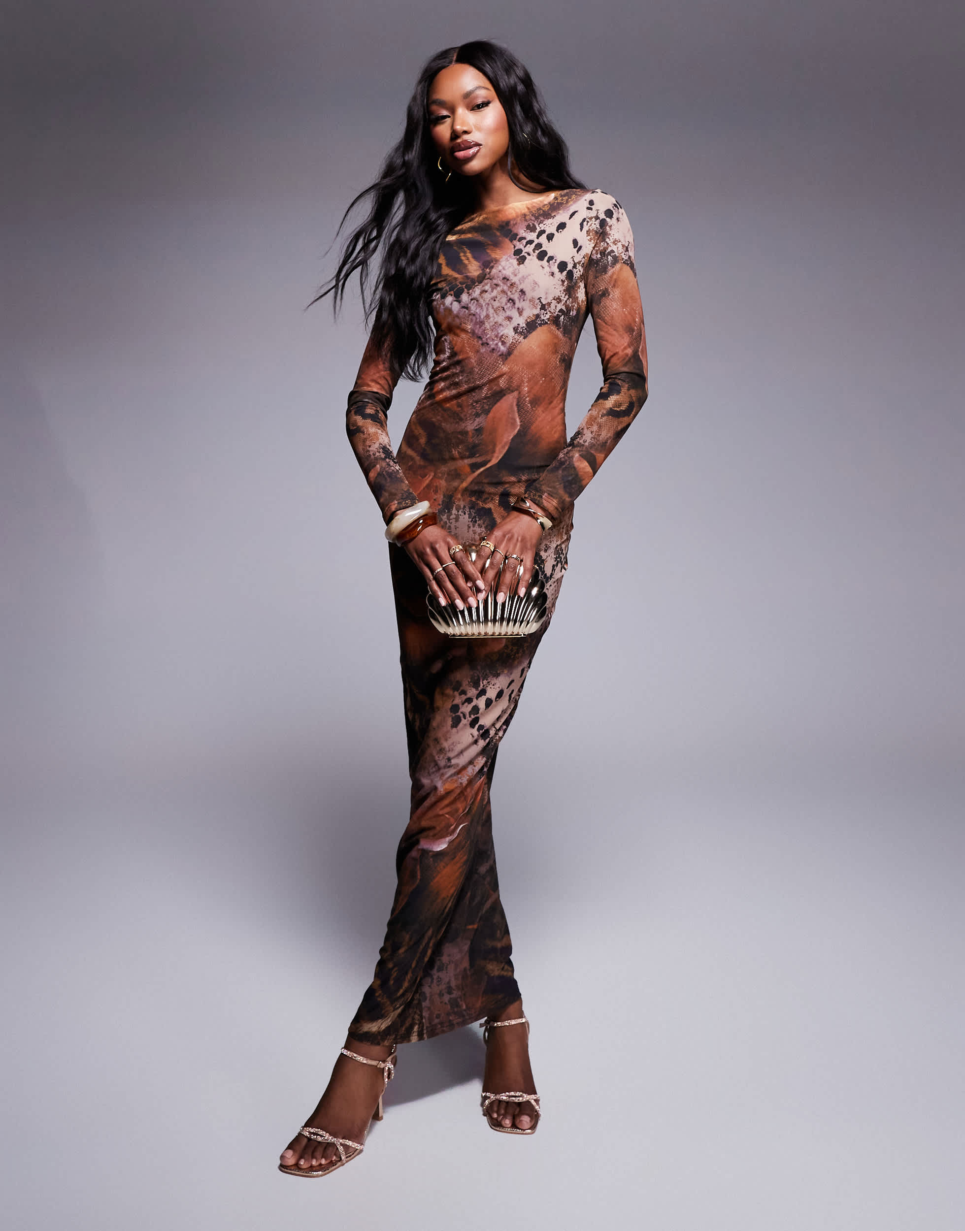 Murci mesh long sleeve maxi dress in brown snake print