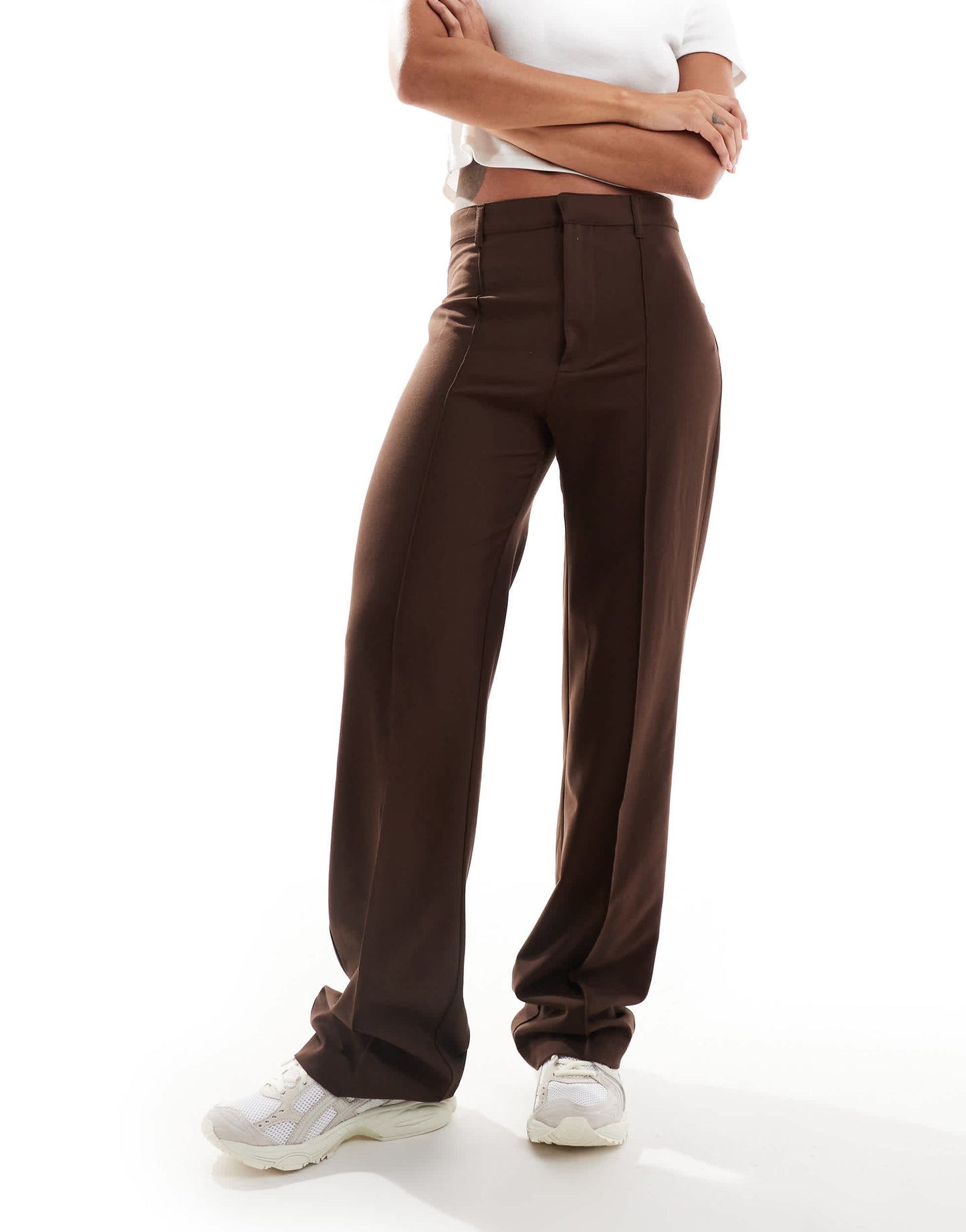Pull&Bear straight leg tailored trousers with front seam in chocolate brown