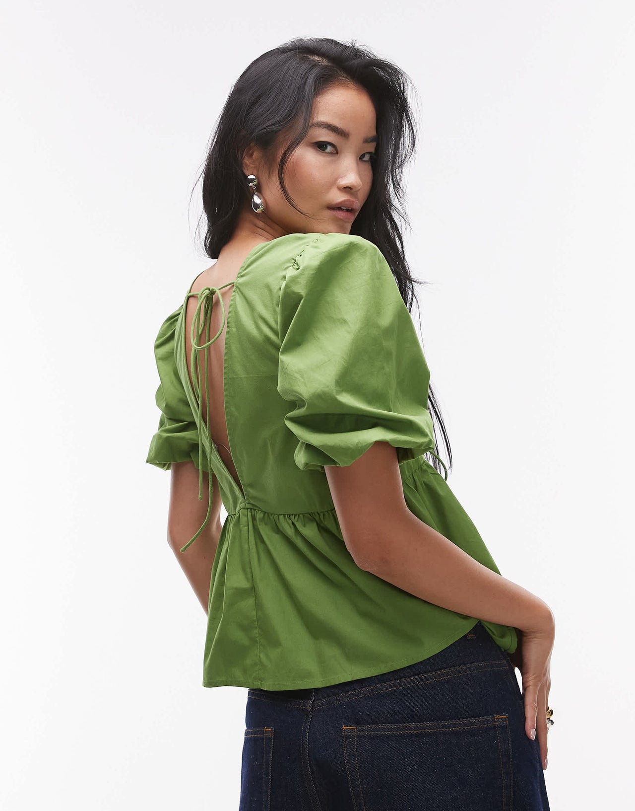 Topshop poplin puff sleeve top in green