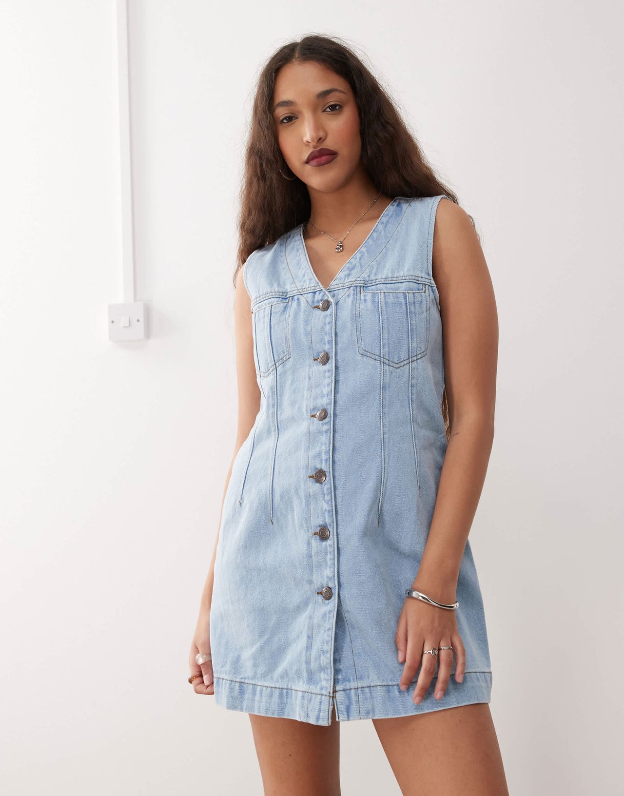 Noisy May denim waistcoat mini dress in light blue wash