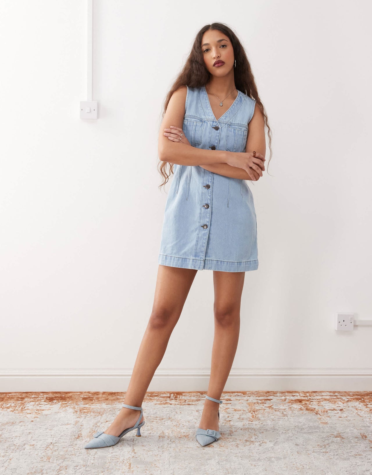 Noisy May denim waistcoat mini dress in light blue wash