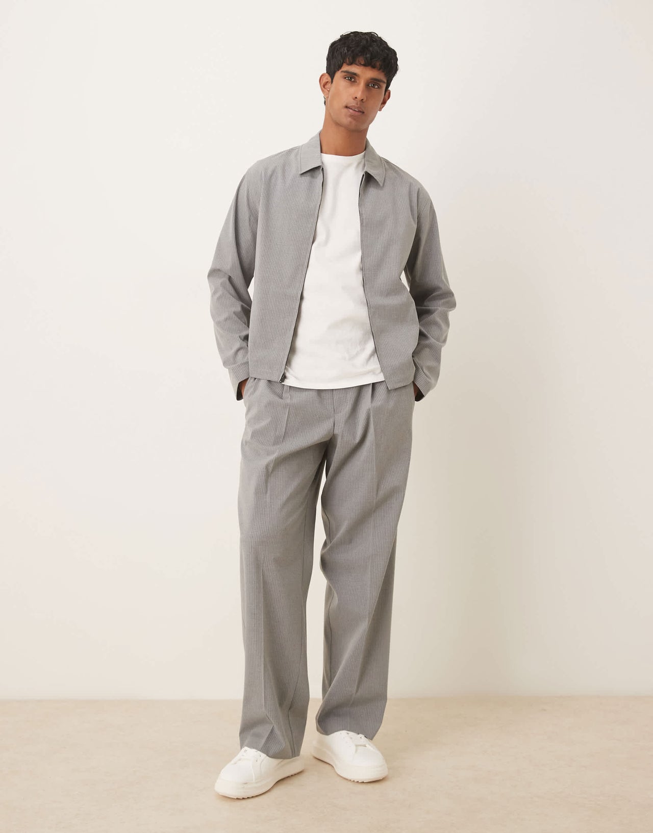 ASOS DESIGN smart co-ord cropped harrington jacket in grey pinstripe