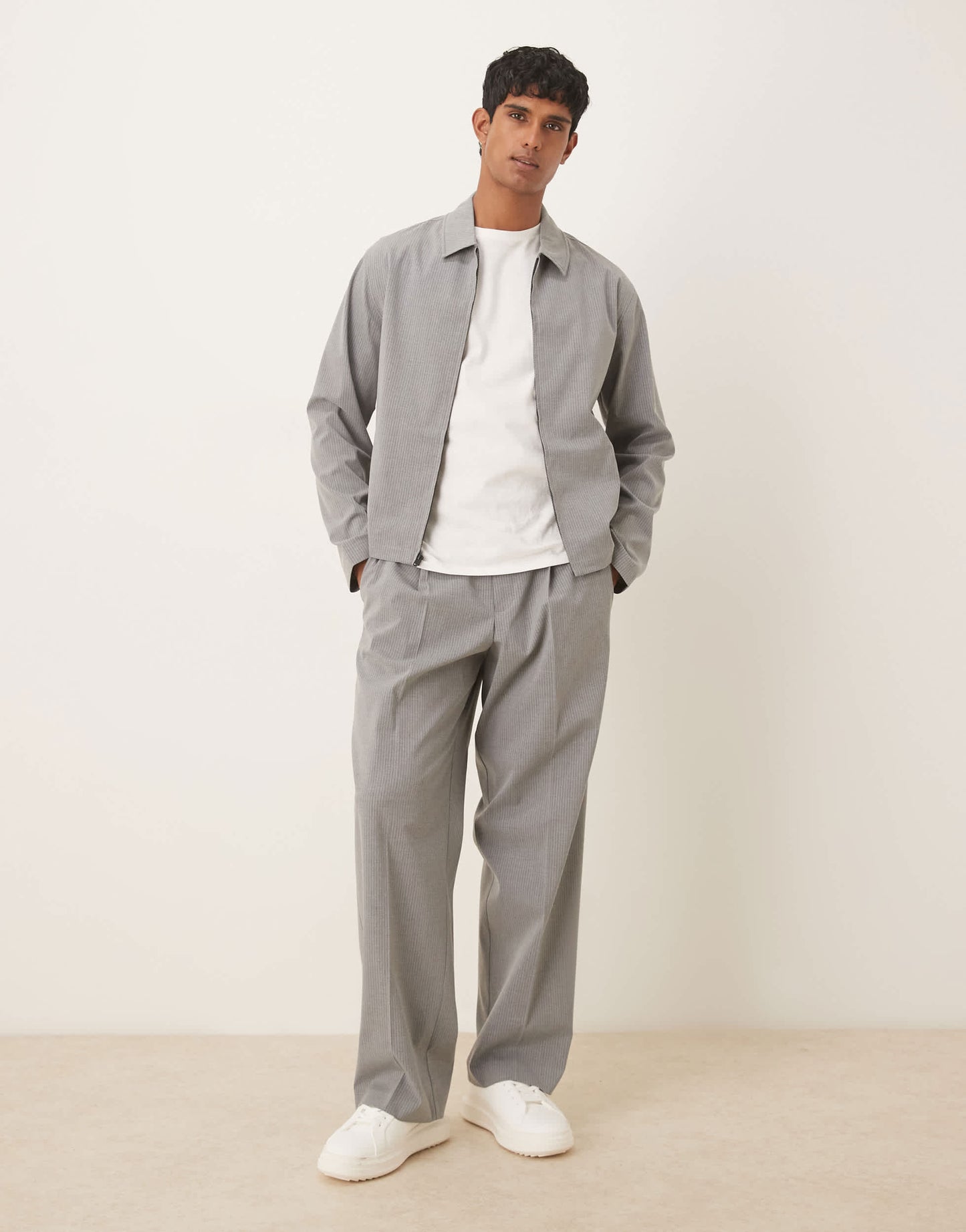 ASOS DESIGN smart co-ord cropped harrington jacket in grey pinstripe