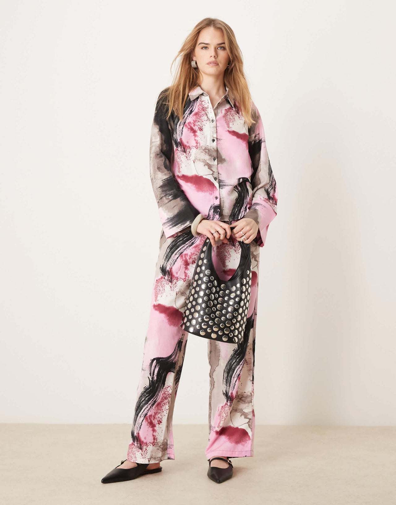 Vila satin shirt co-ord in pink abstract print
