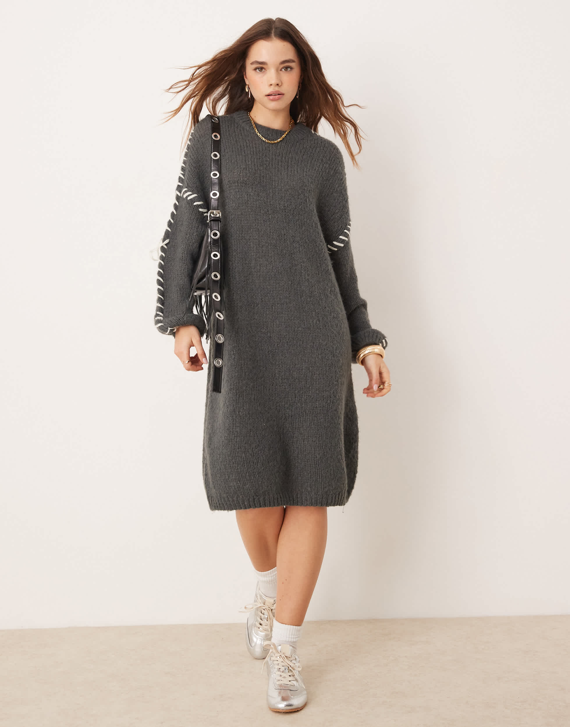 Vila knitted jumper mini dress with contrast stitch in grey