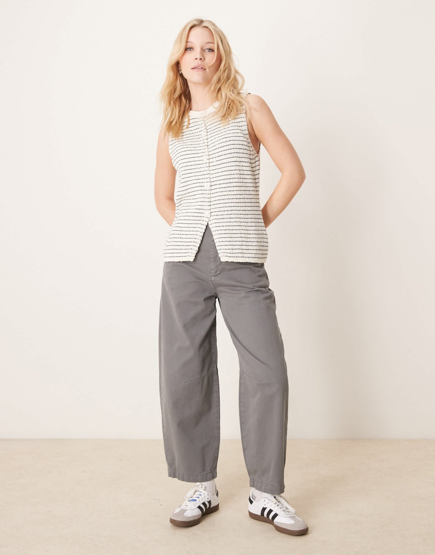 ASOS DESIGN knitted crew neck longline boucle waistcoat in stripe
