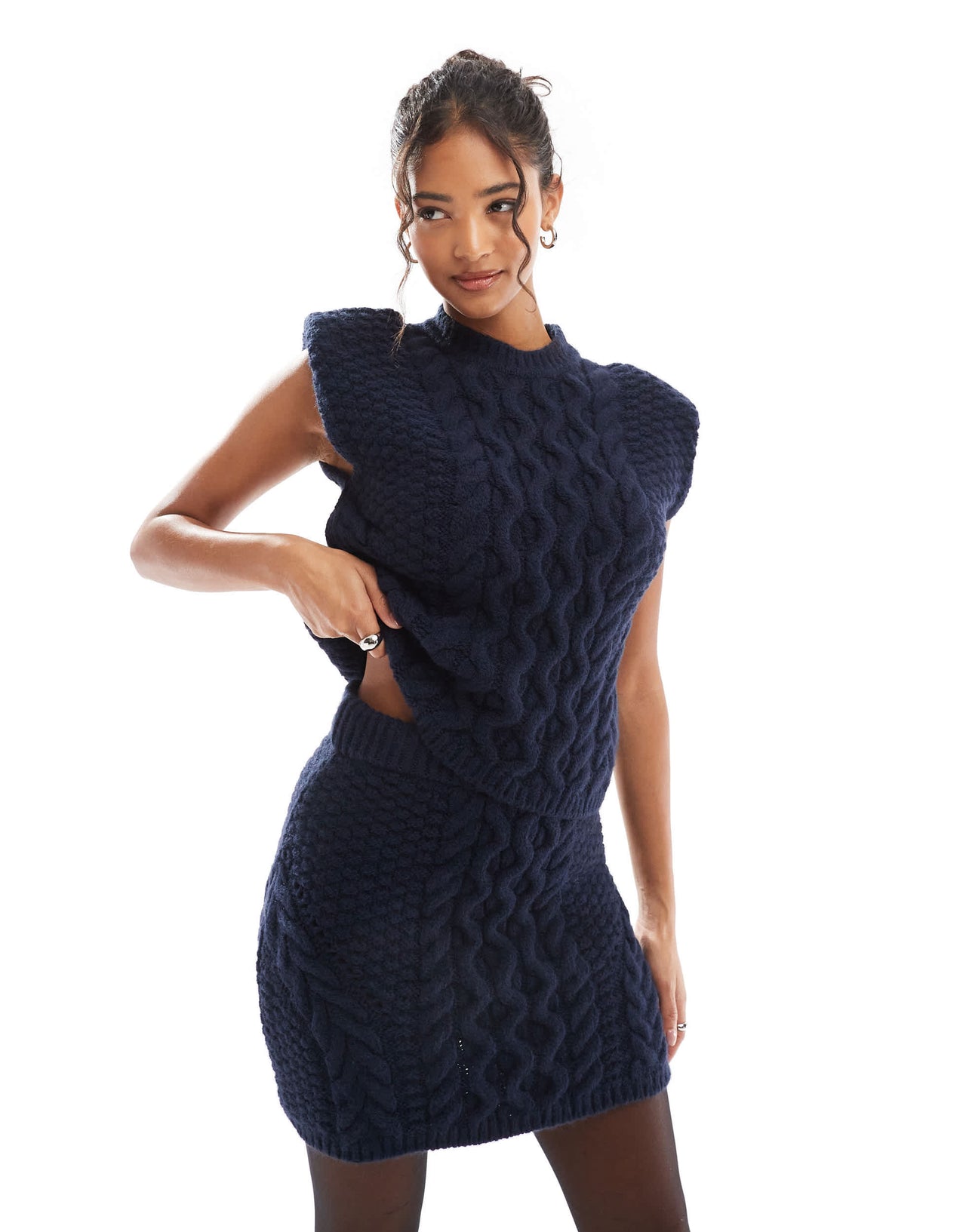 ASOS DESIGN knitted shoulder pad tank top in cable co ord in navy