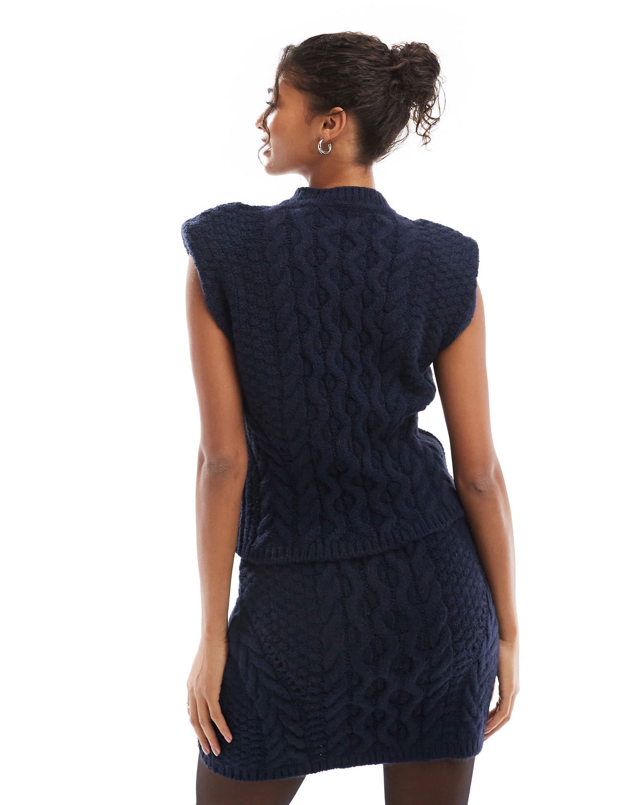 ASOS DESIGN knitted shoulder pad tank top in cable co ord in navy