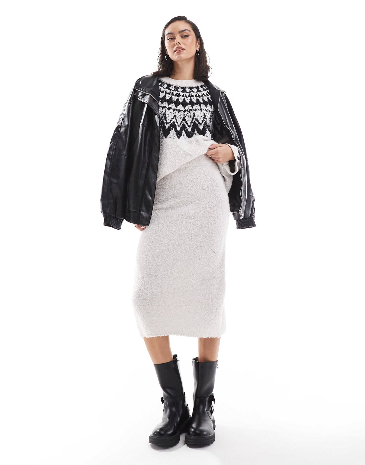 Object fluffy knitted midi skirt co-ord in cream