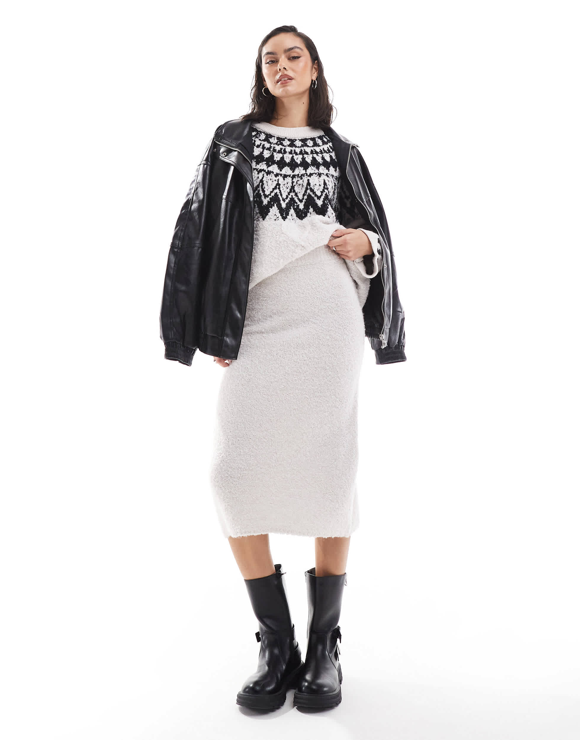 Object fluffy knitted midi skirt co-ord in cream