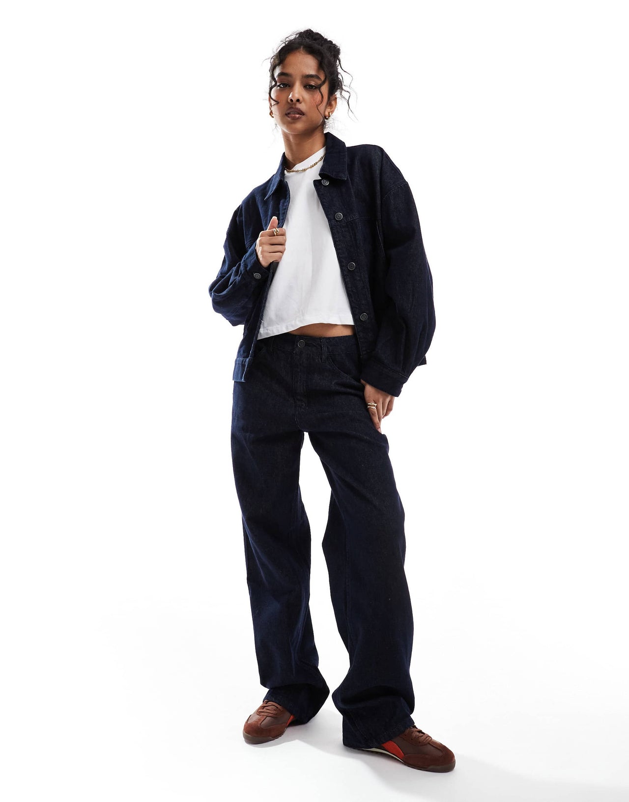 Object wide leg turn up jeans with stripe detail co-ord in dark blue denim