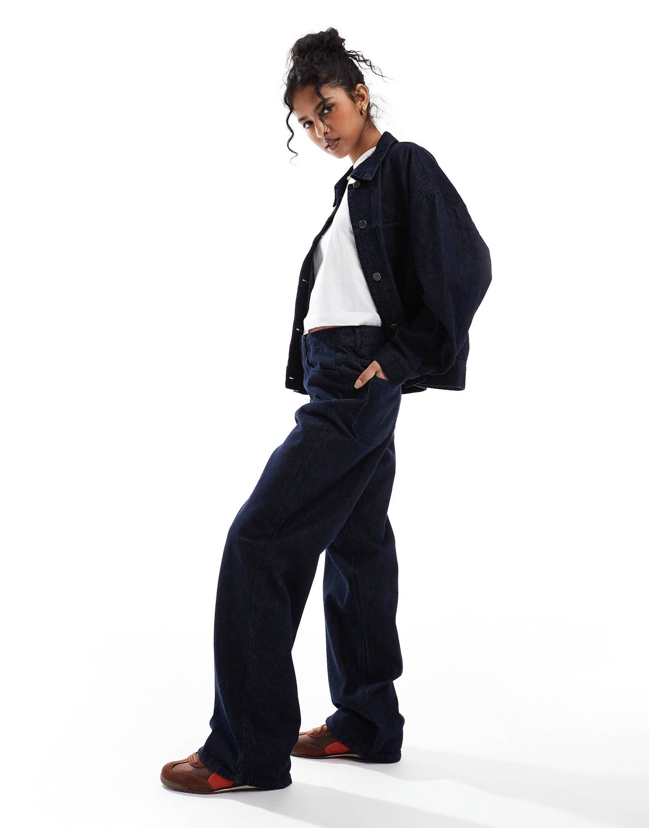 Object wide leg turn up jeans with stripe detail co-ord in dark blue denim