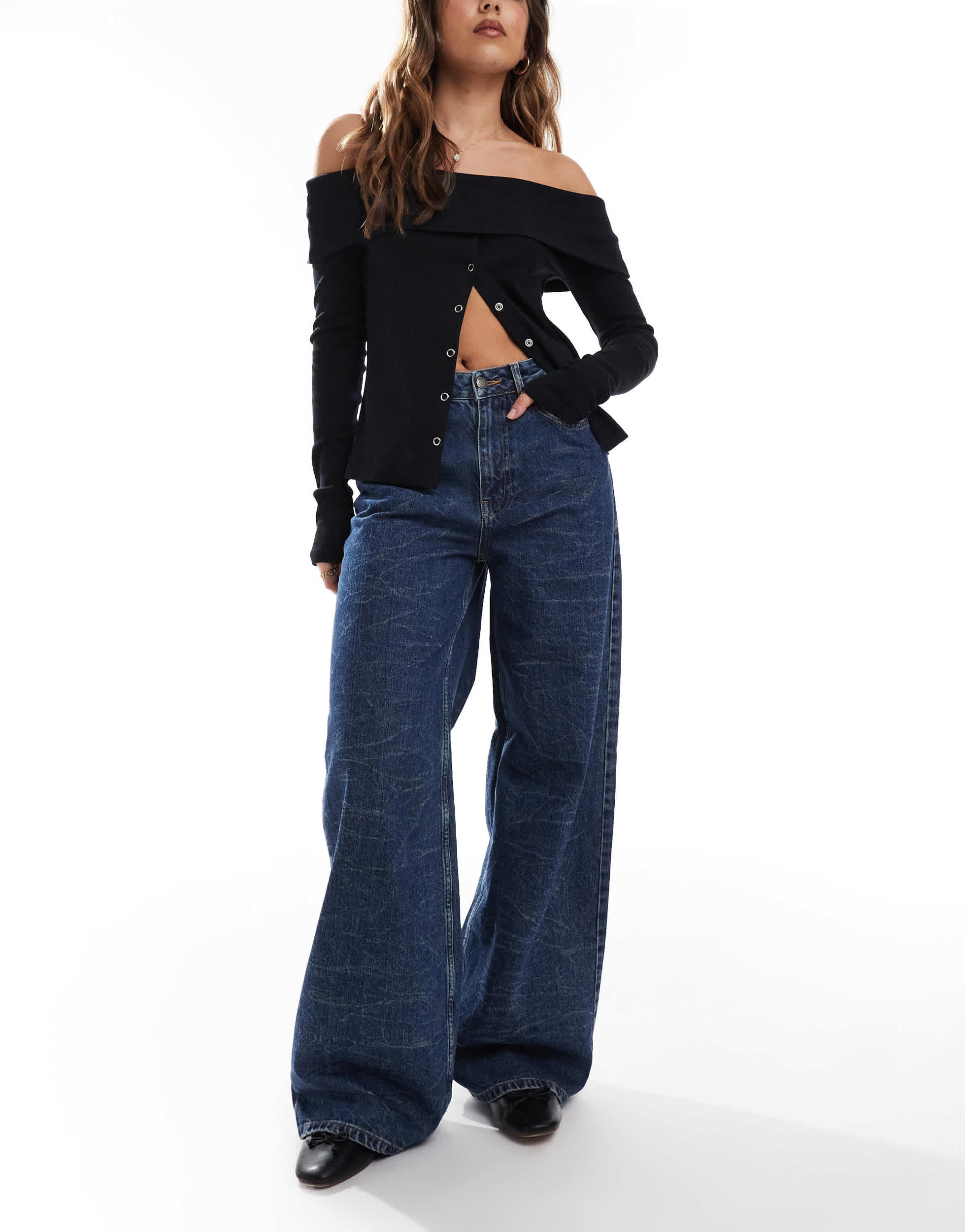 Object super wide leg jean in dark denim marble wash
