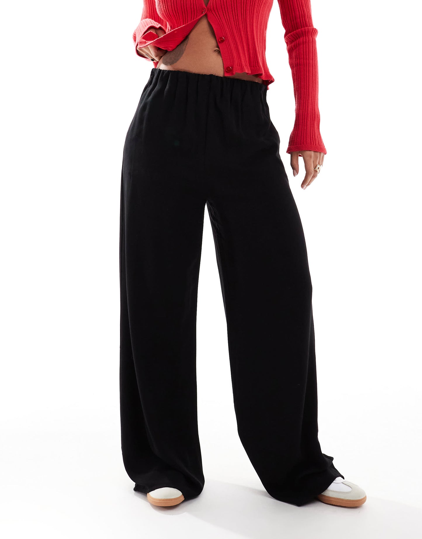 Bershka drawstring waist wide leg trousers in black