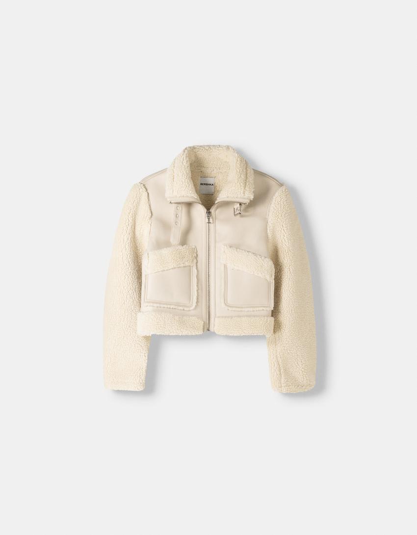 Bershka shearling and faux leather jacket in cream