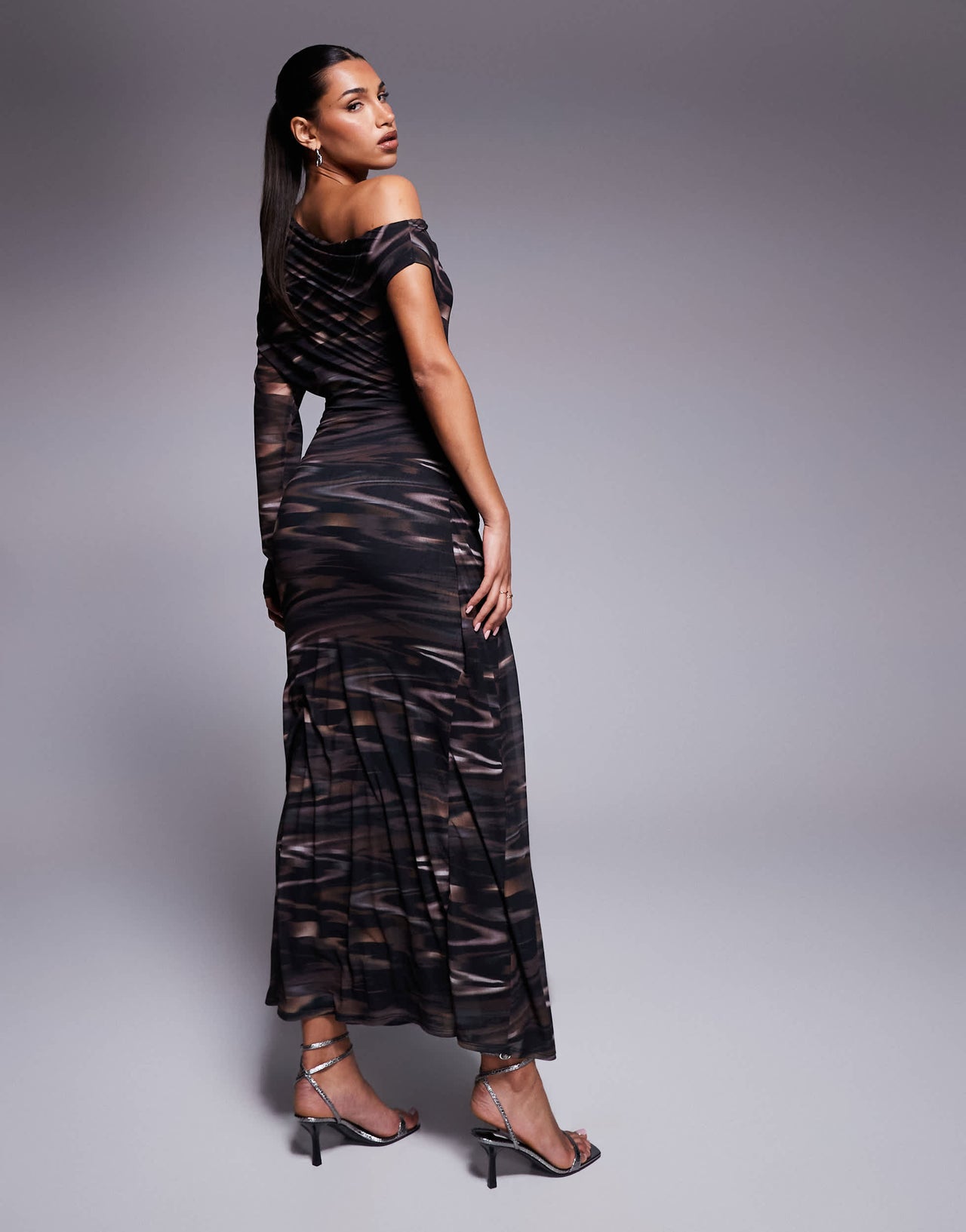 ASOS DESIGN mesh one sleeve asymmetric draped maxi dress with tie in blurred abstract print