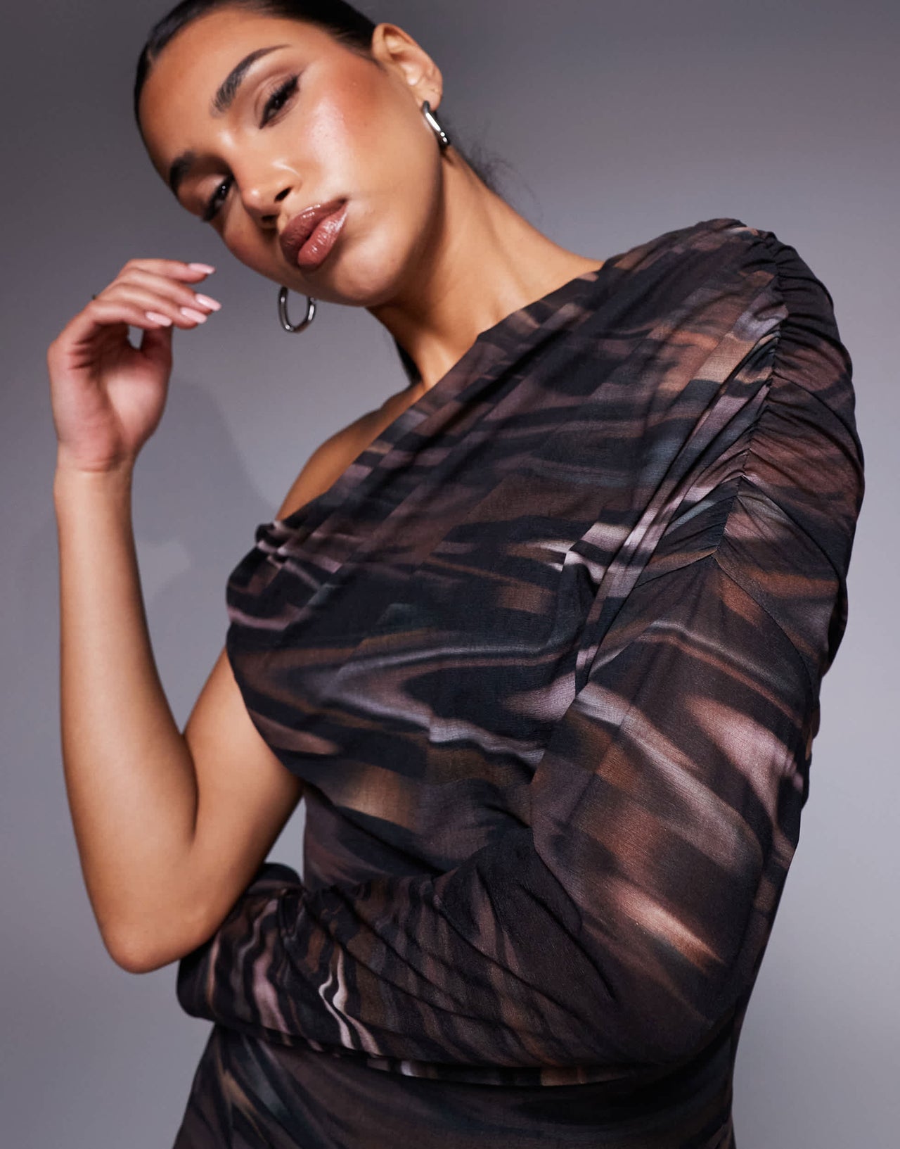 ASOS DESIGN mesh one sleeve asymmetric draped maxi dress with tie in blurred abstract print