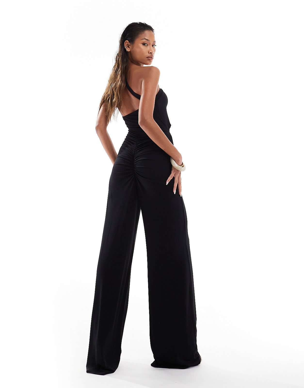 ASOS DESIGN asym strap detail cut out jumpsuit in black