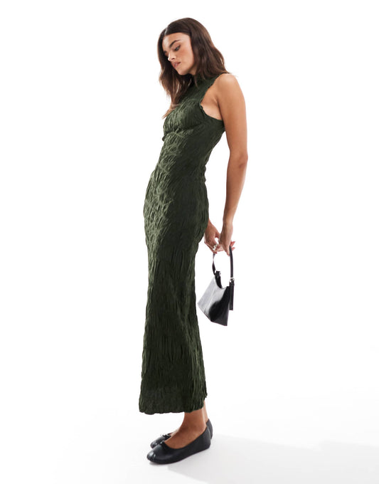 ASOS DESIGN textured lettuce hem midi dress in khaki