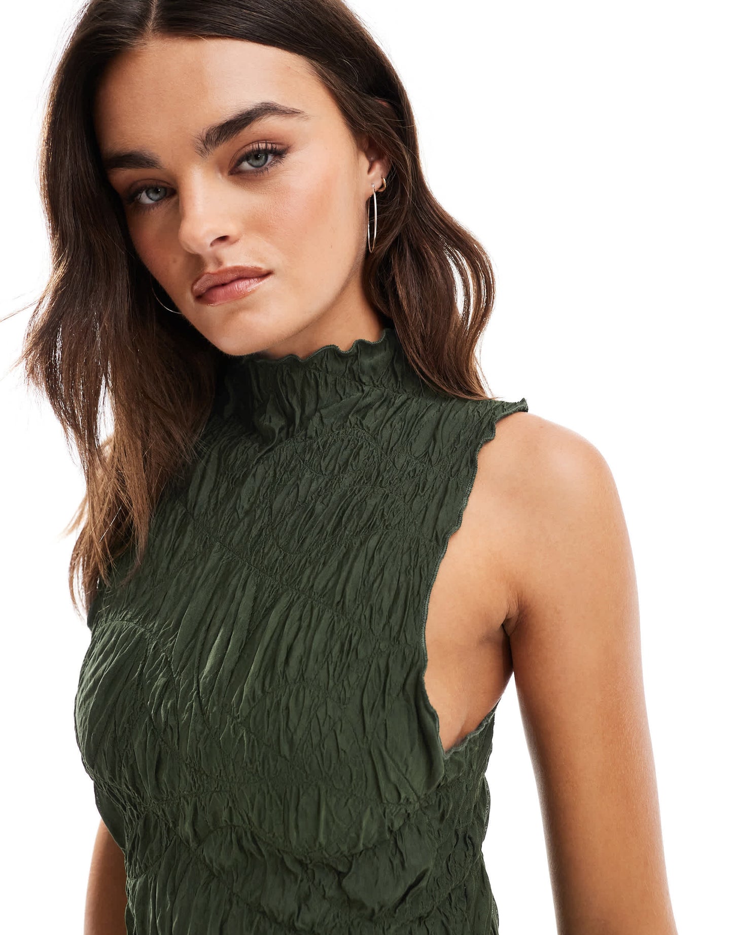 ASOS DESIGN textured lettuce hem midi dress in khaki