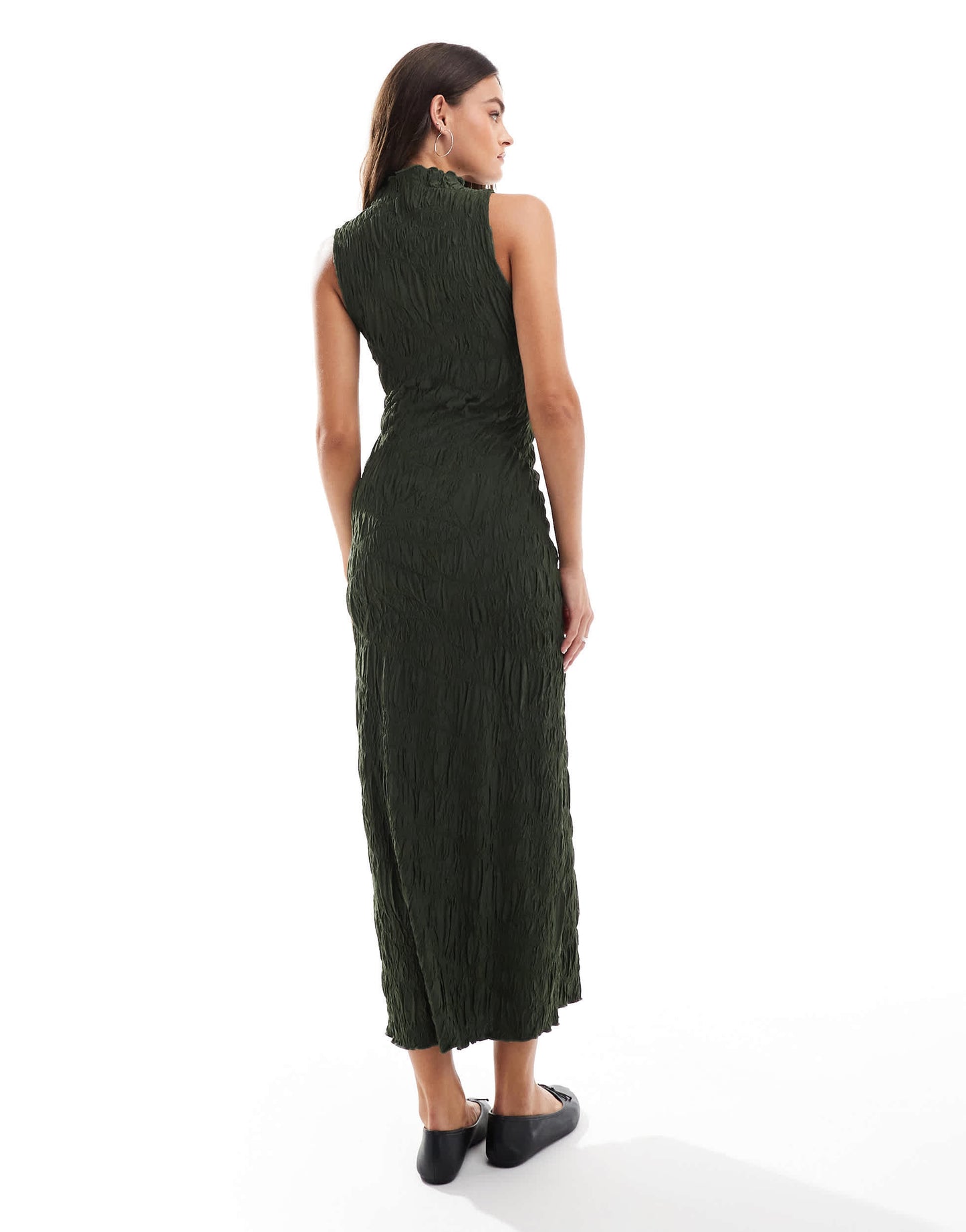 ASOS DESIGN textured lettuce hem midi dress in khaki