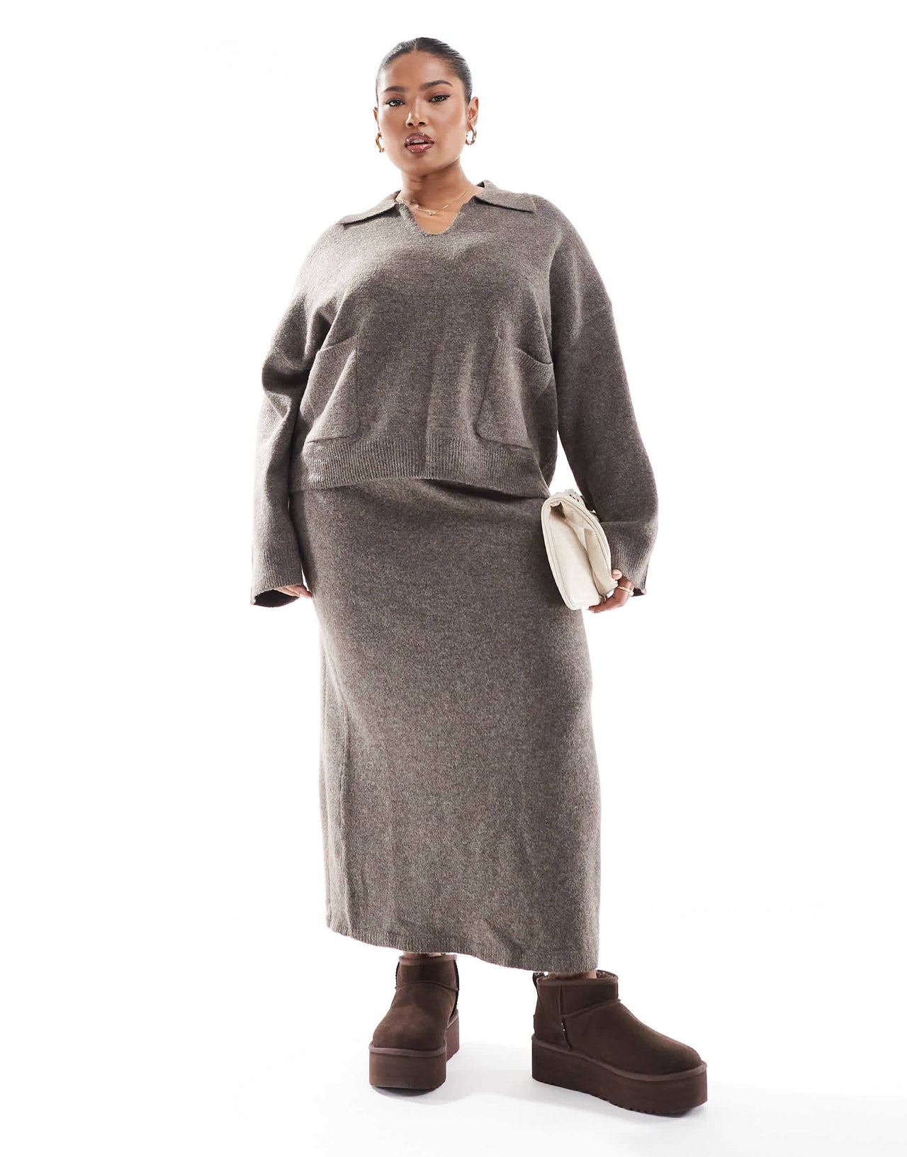 Pieces Curve knitted maxi skirt co-ord in deep taupe