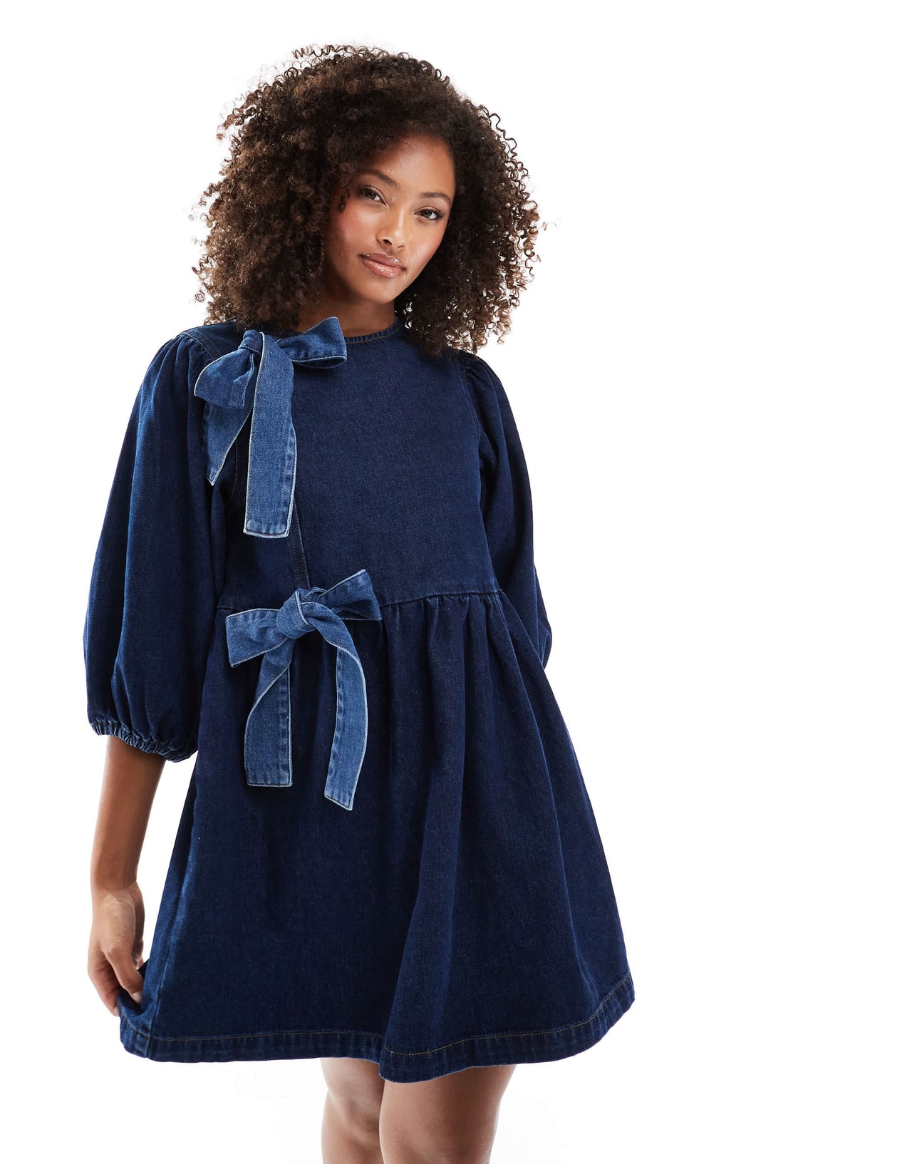 ASOS DESIGN denim bow asymmetrical bow dress in indigo