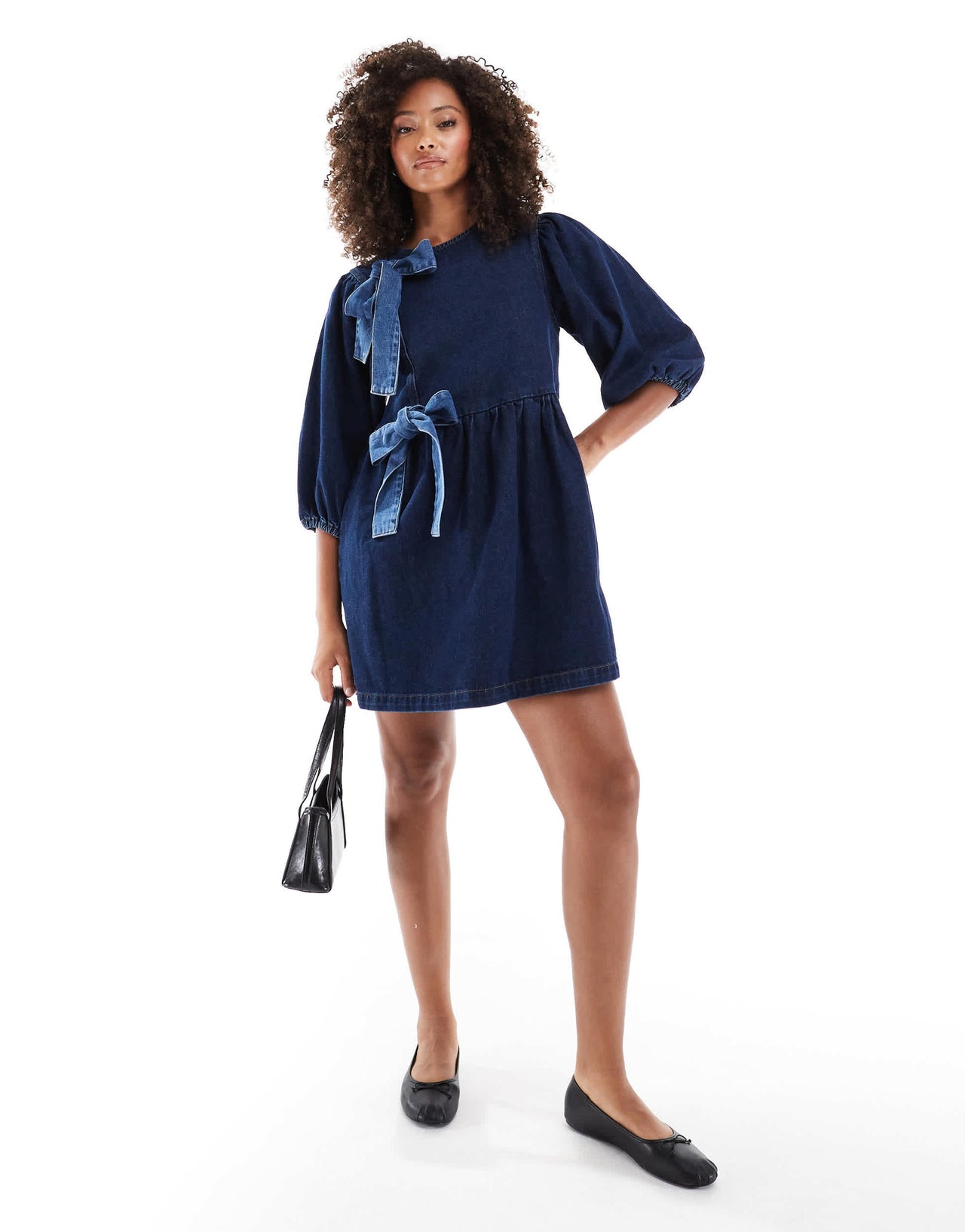 ASOS DESIGN denim bow asymmetrical bow dress in indigo